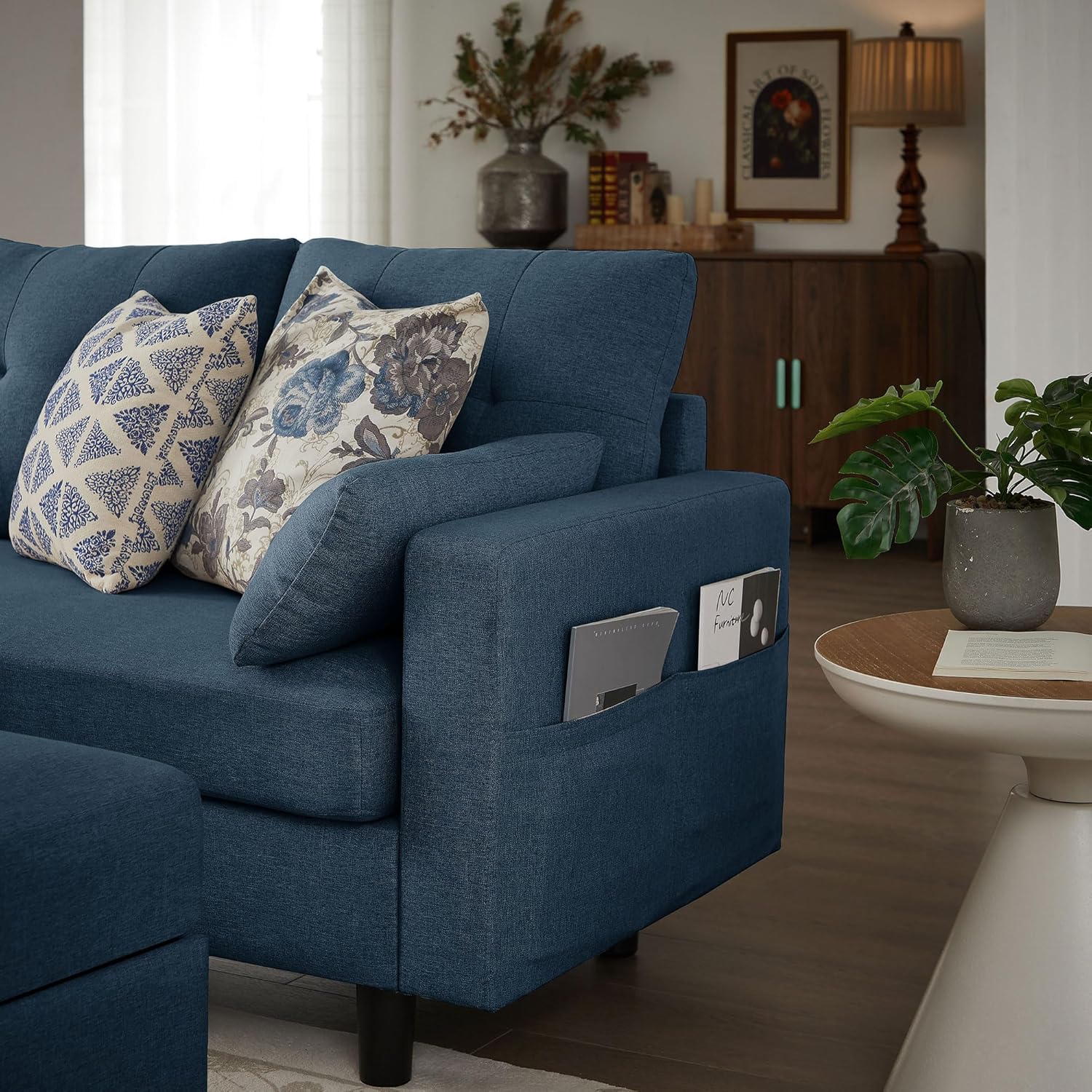 101" Convertible Sectional Sofa with Ottoman Coffee Table, Modern Linen Fabric U-Shaped Couch with Storage Pocket, 4 Seat Sofa Couches for Living Room, Apartment, Office, Blue