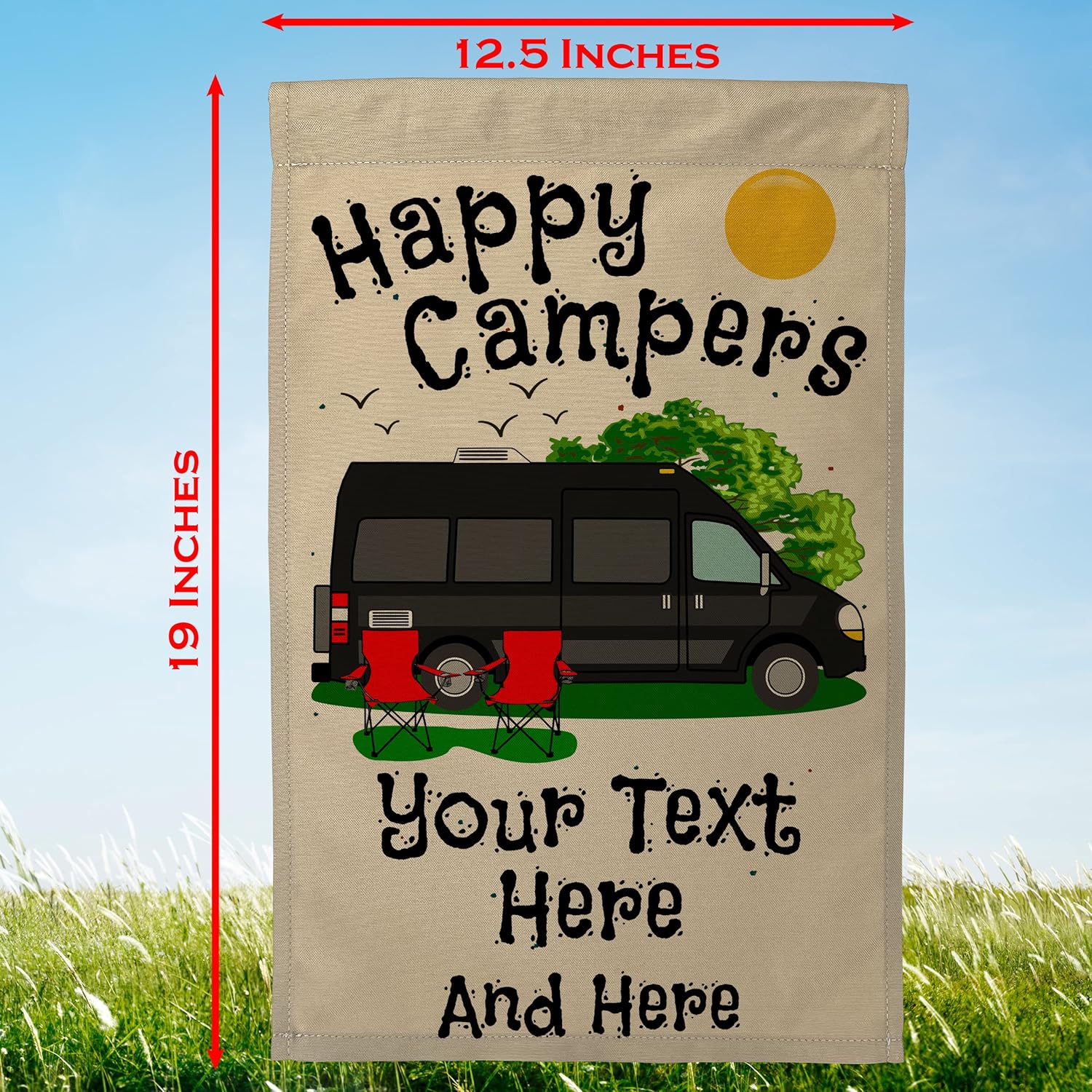 Personalzied Camping Flag Features Black Class B Motor Home Graphic with Happy Campers and 3 Additional Lines of Your Custom Text, Printed on Tan Fabric
