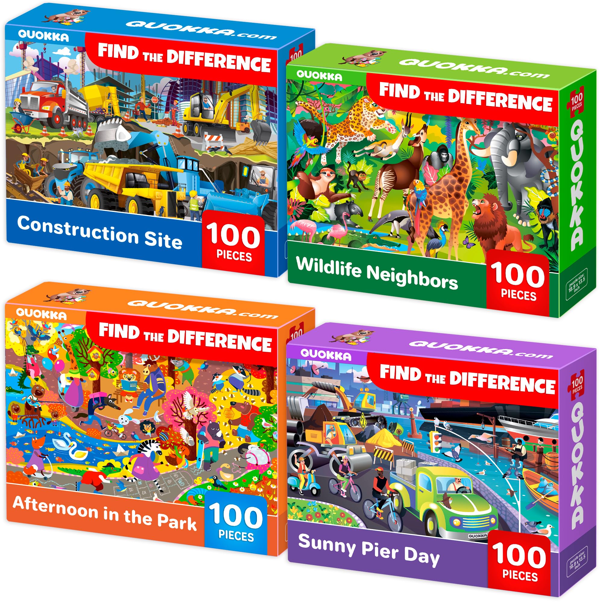 QUOKKA 100 Piece Puzzles for Kids Ages 4-6 – 4 Puzzles for Kids Ages 6-8 – Search and Find Animals and Construction Vehicles Kid Activities for 8-10