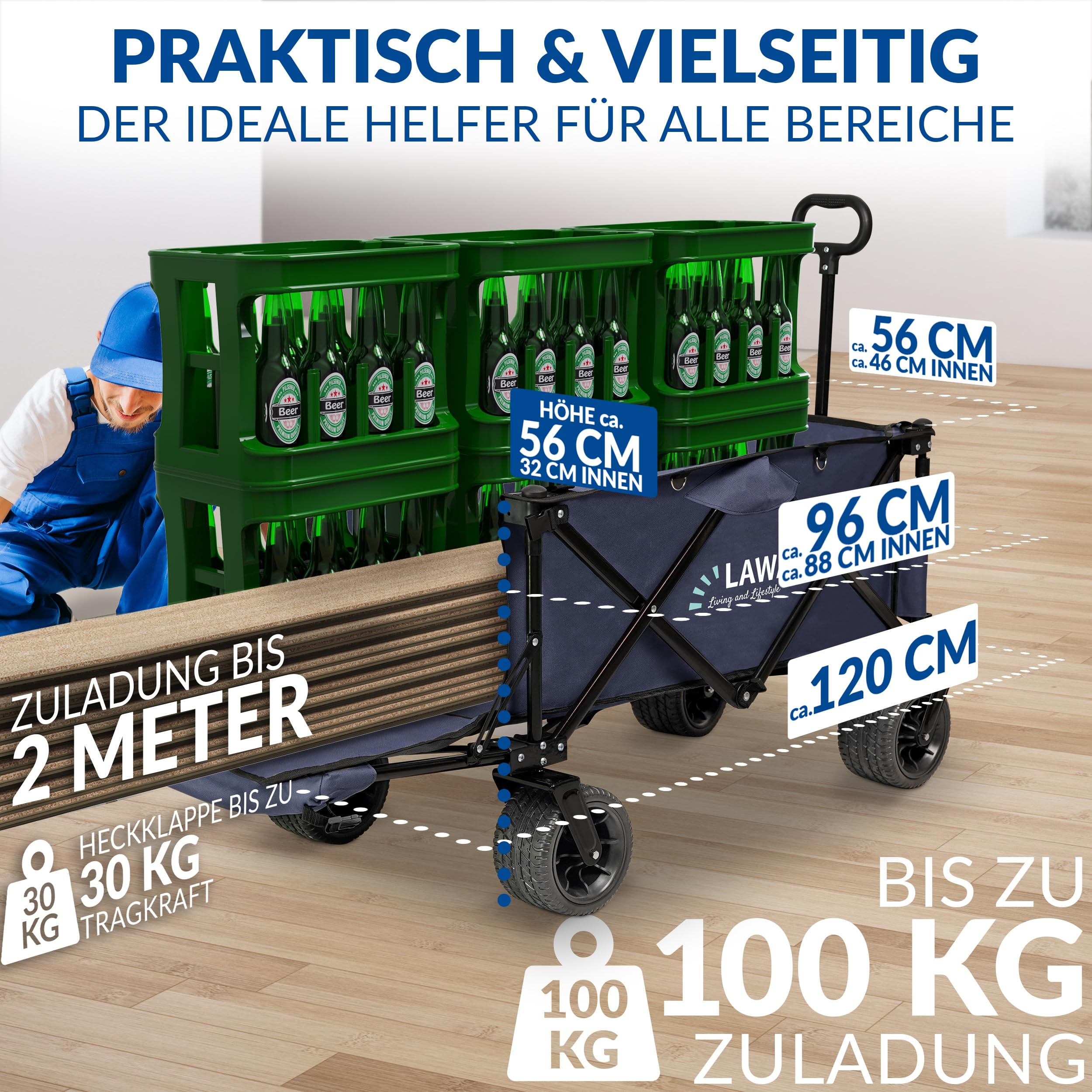 Carrello Campeggio Carro per cani carrello spiaggia bambini Carrozza da spiaggia carrello pieghevole Caricabile fino a 100 kg Pneumatici larghi Freno Portellone posteriore carro da campeggio