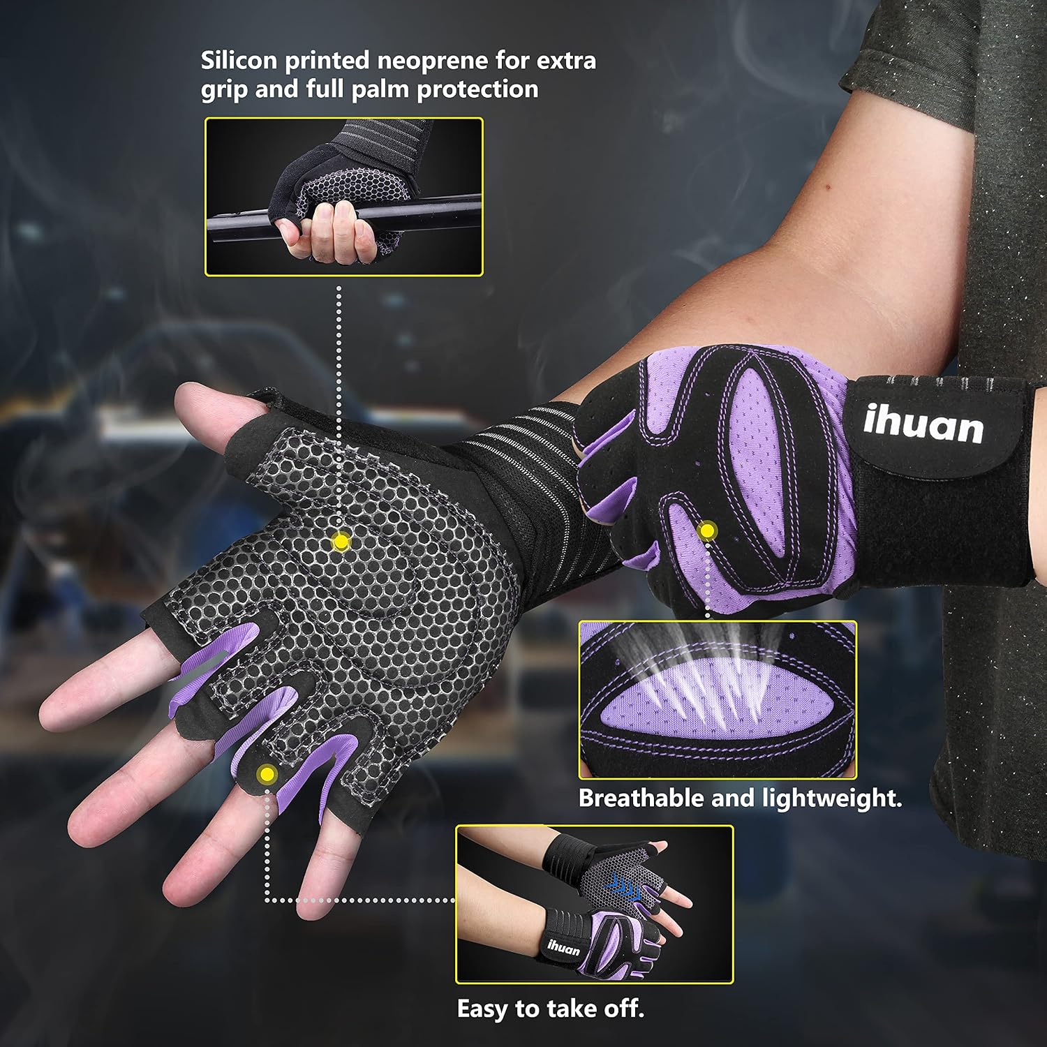 ihuan Ventilated Weight Lifting Gym Workout Gloves with Wrist Wrap Support for Men & Women, Full Palm Protection, for Weightlifting, Training, Fitness, Hanging, Pull ups image 2