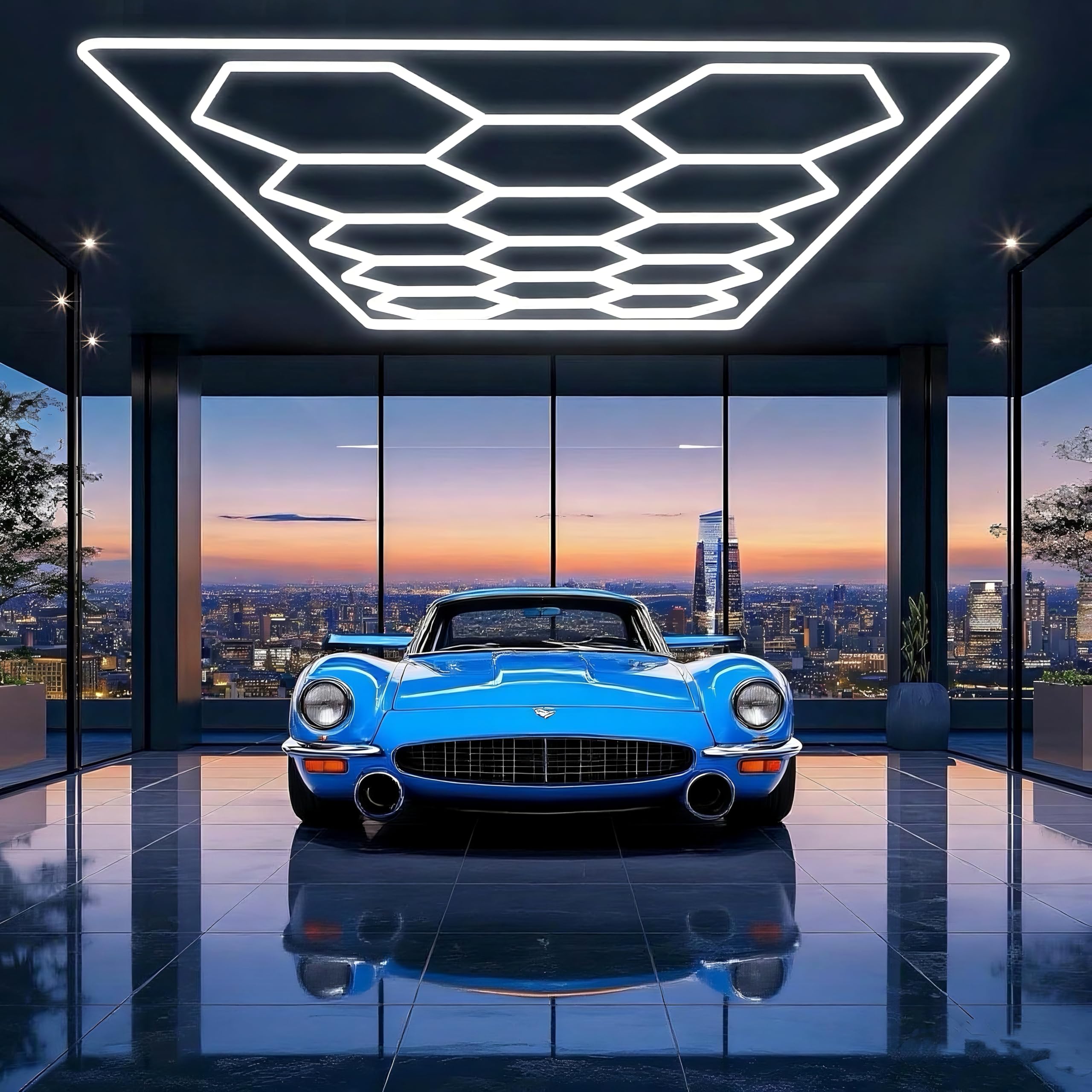 Hexagon Garage Lights 14 Hex Grid 680W 81600LM 6500K, Super Bright Car Detailing Ceiling LED Shop Light for Warehouse Workshop Gym Basement Car Care Wash Room