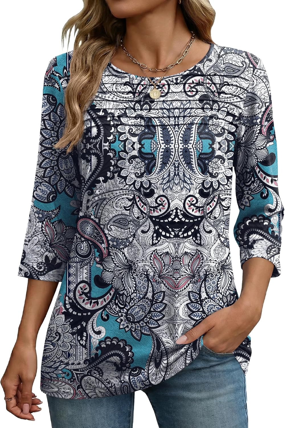 Zeagoo Womens Tops 3/4 Length Sleeve Blouses Dressy Casual Shirt Pleated Front Tunic Floral Printed Spring Clothes