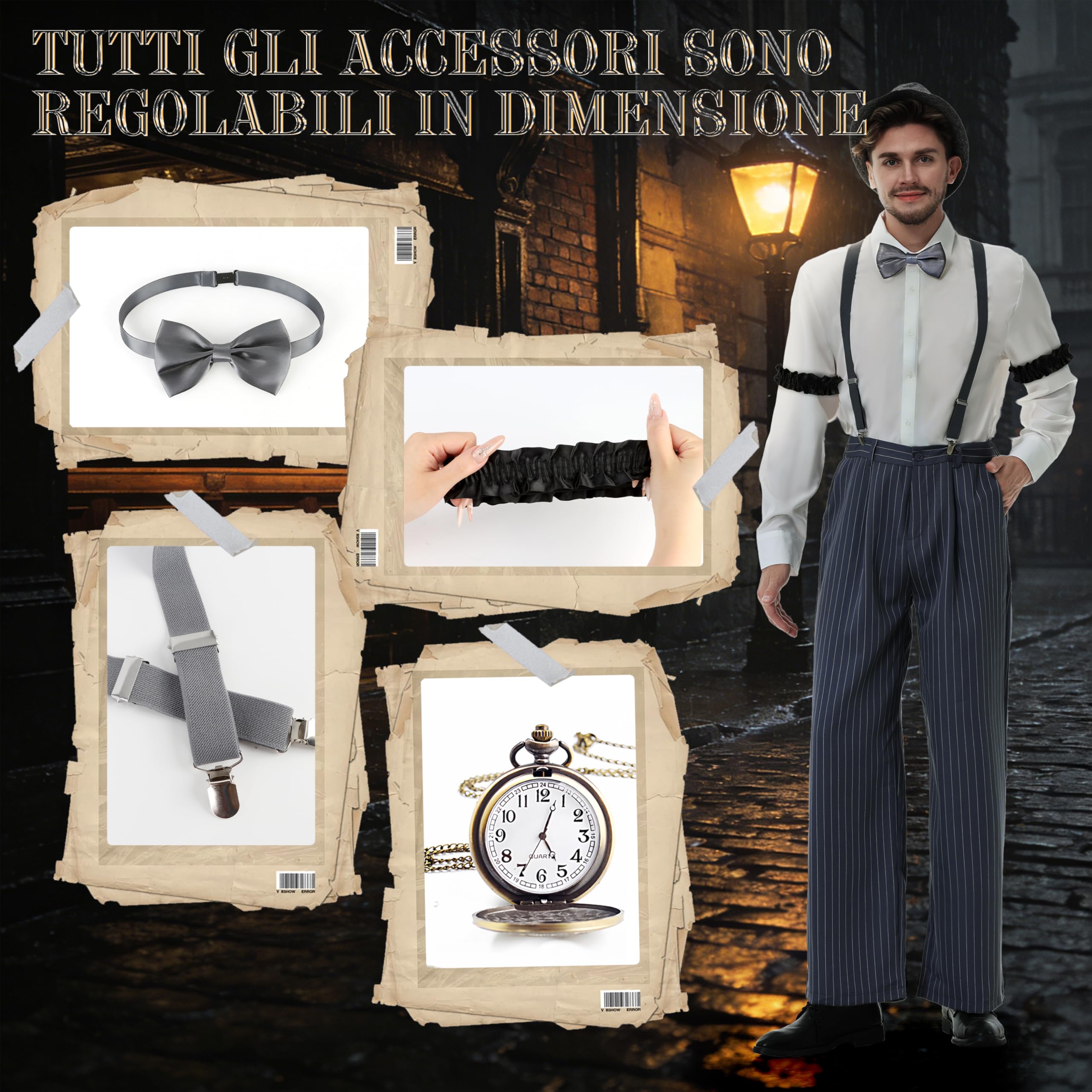 Charmofun Vestiti Anni 20 Uomo, Costume Gangster Uomo Anni ’20 con Camicia, Pantaloni, Bretelle e Cappello, Set di Accessori Mafia Vintage per Carnevale e Feste a Tema (Grigio, L)