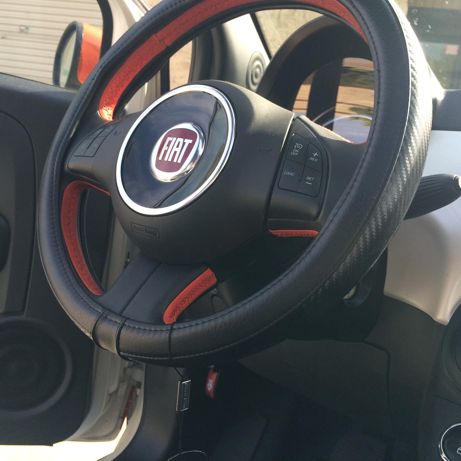 Black PVC Leather Carbon Fiber Style Steering Wheel Cover 14.75" Diameter 4" Grip Circumference 51211