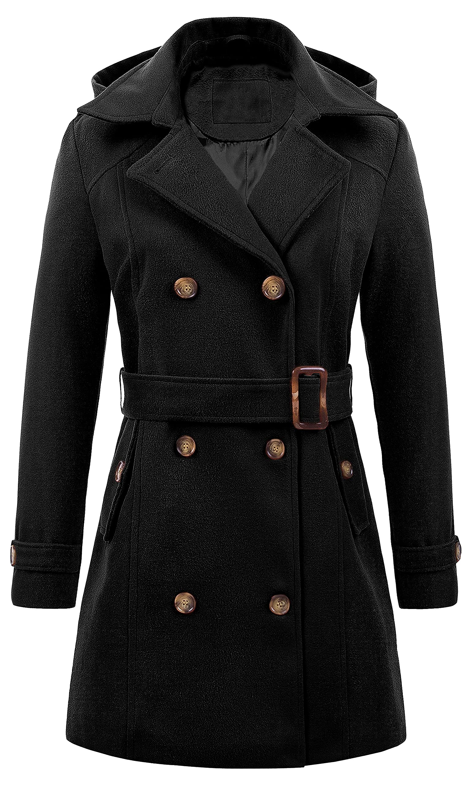 ChrisunoWomen's Double Breasted Pea Coat Hooded Long Winter Trench Coat