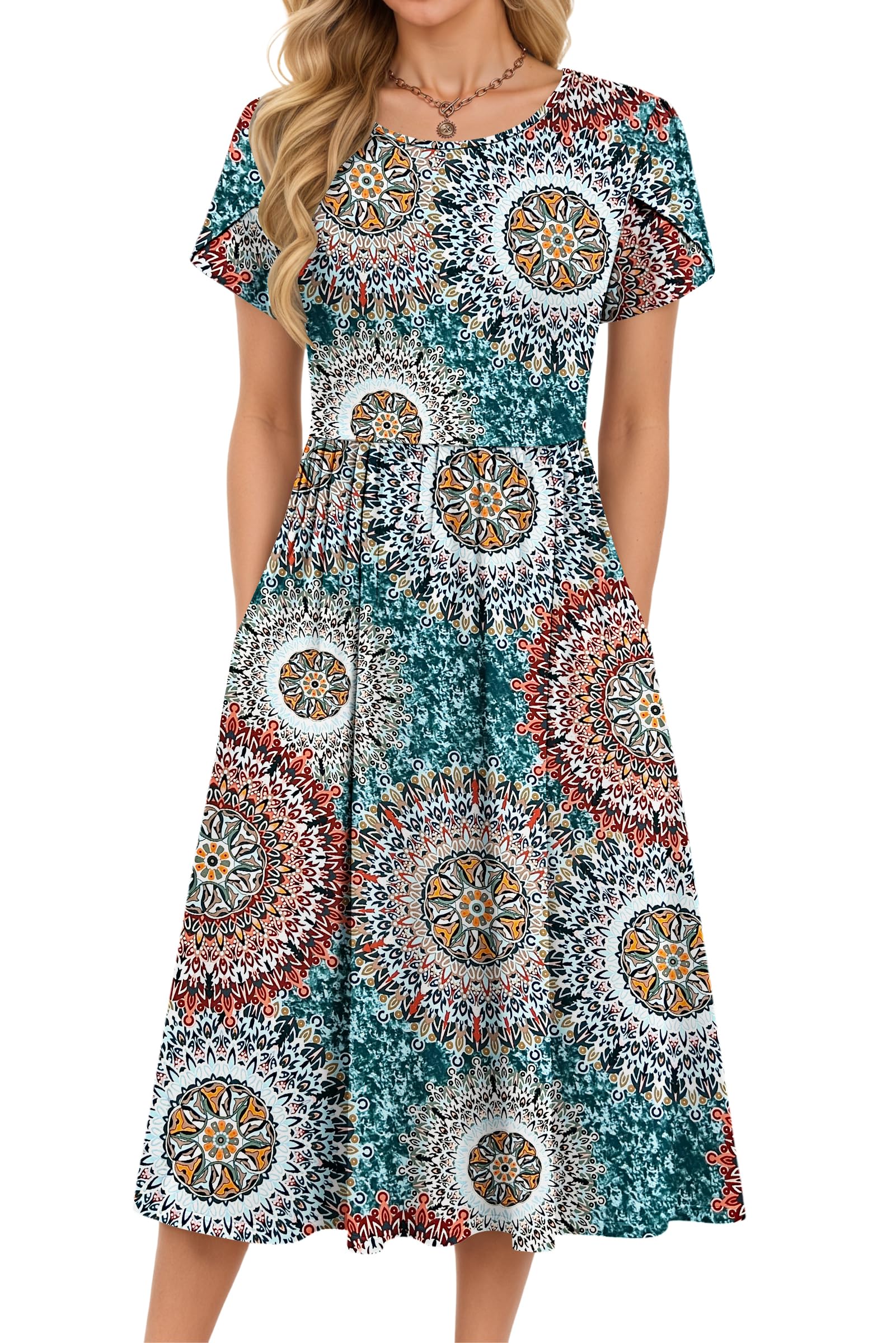 Molerani Women's 02-Blue Green Print Summer Midi Dress - Casual Short Sleeve Boho Beach Dress For Loose Swing Dresses Casual Midi Sundress With Pockets Blue Green Print L