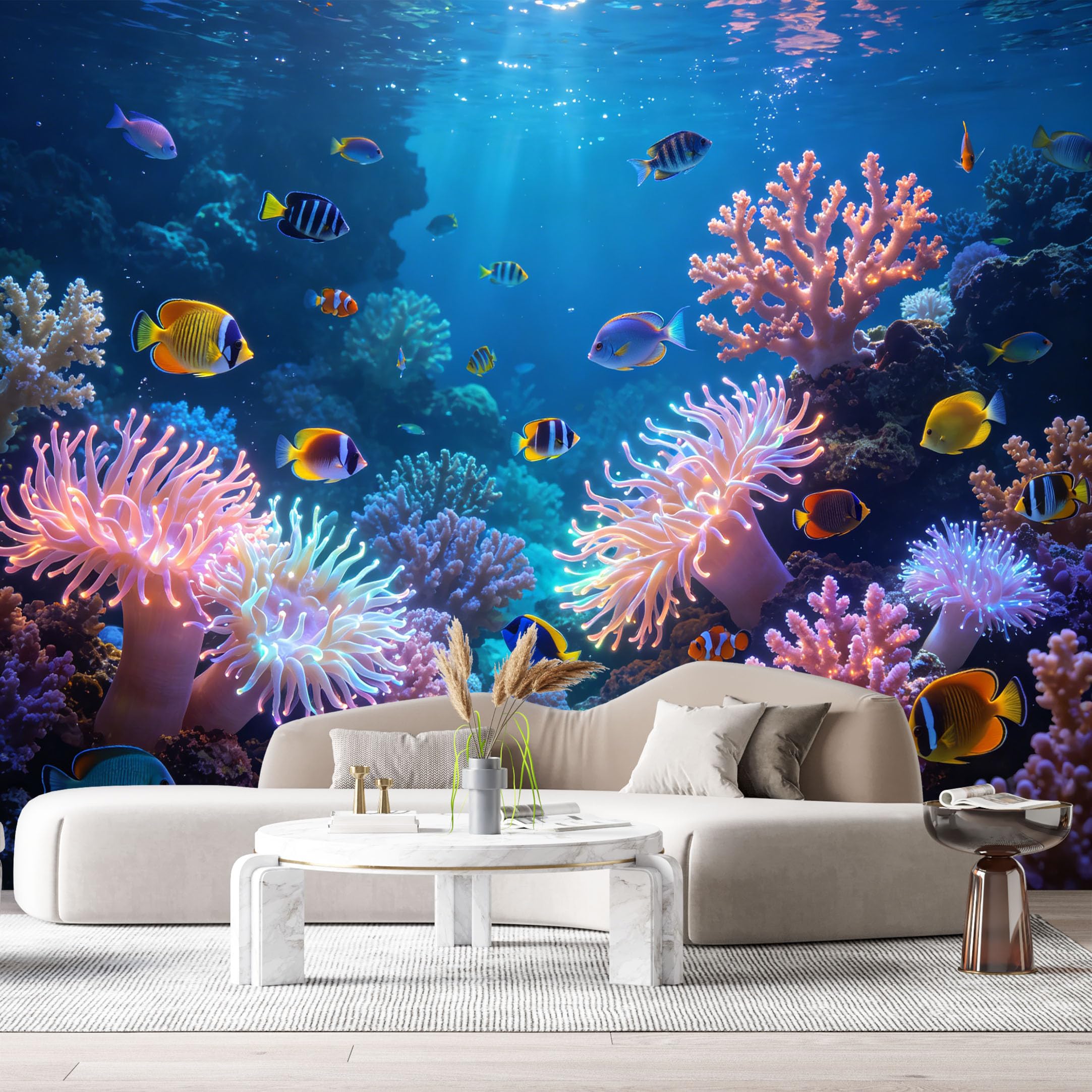 Custom Size Wall Murals Vibrant Ocean Marine Underwater Coral Reef Tropical Fish SelfAdhesiveWall Fabric Removable Wallpaper Wall Decor for Living Room Bedroom Bathroom