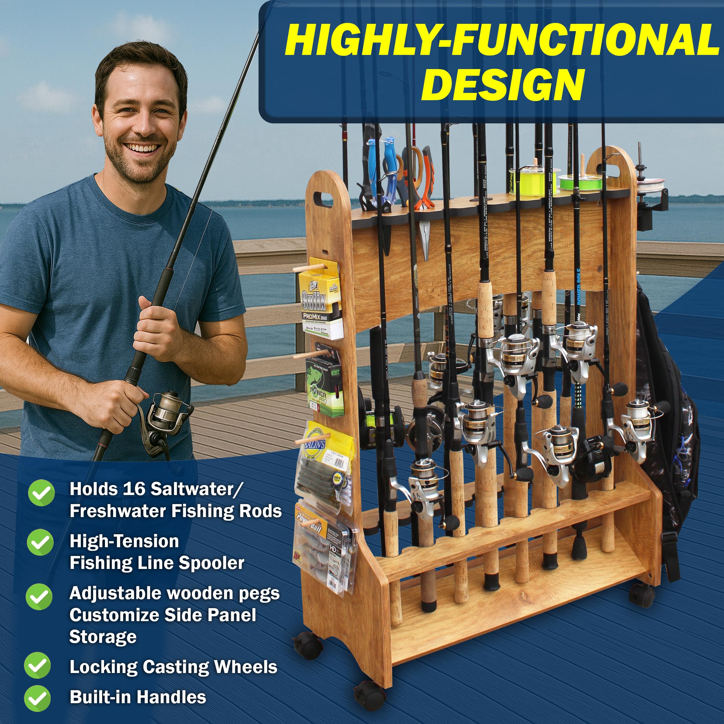 Rush Creek Creations 16-Rod Rolling Fishing Rod Rack with Line Spooler – Tackle Storage, Tool Holder, Lure & Line Organizer, Accessory Pegs – Portable Gear Station for Anglers : Sports & Outdoors