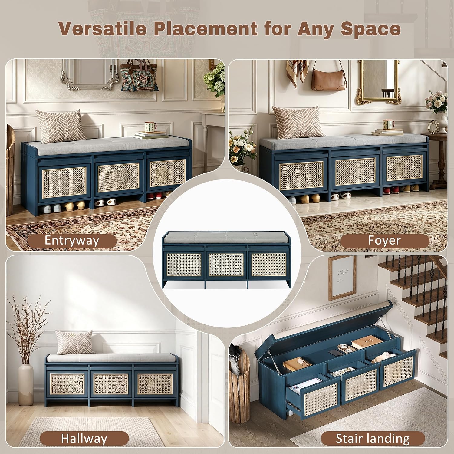 Collage showing the Polibi Shoe Storage Bench in various placements: entryway, foyer, hallway, and stair landing