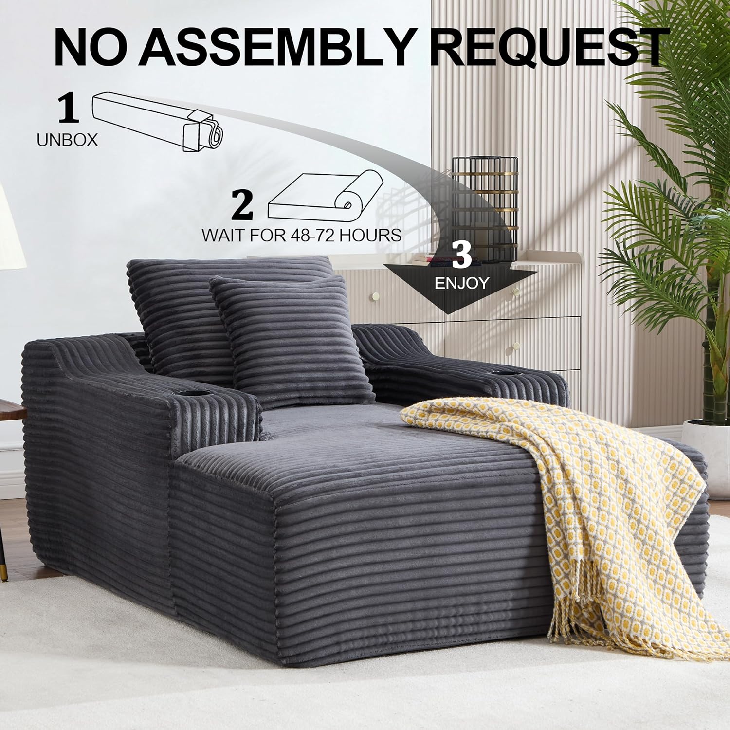Chaise Lounge Chair Indoor, Cloud Sofa Bed with Cup Holders, Corduroy Upholstered Couch with 17.71" Seat High, Lazy Sofa Bed for Living Room Apart, Fully Assembled - Dark Gray