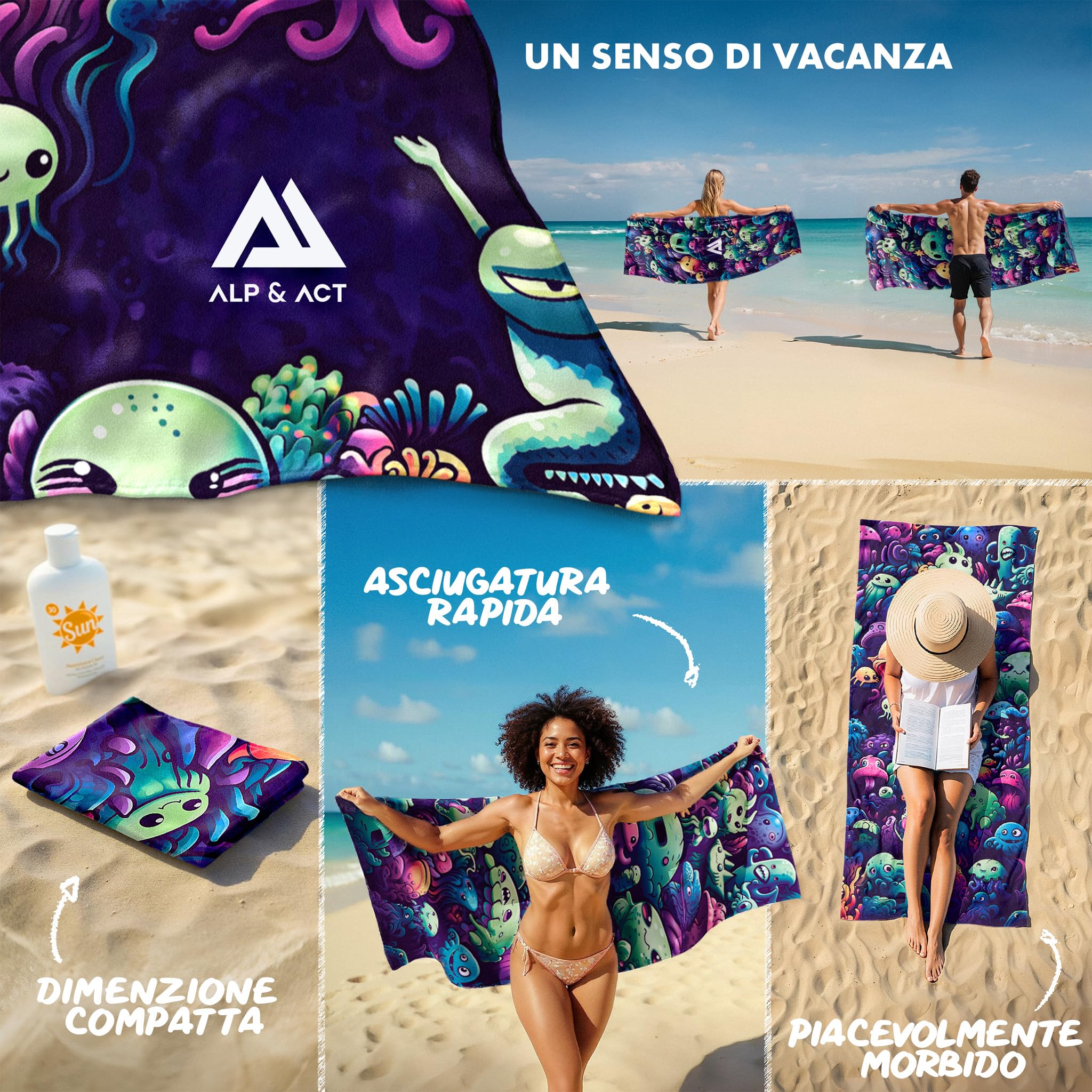ALP & ACT Telo Mare XXL 200x90 cm - 100% microfibra riciclata - ULTRALEGGERO & asciugatura rapida - Asciugamano grande per vacanza, spiaggia e piscina - Telo bagno - multicolore