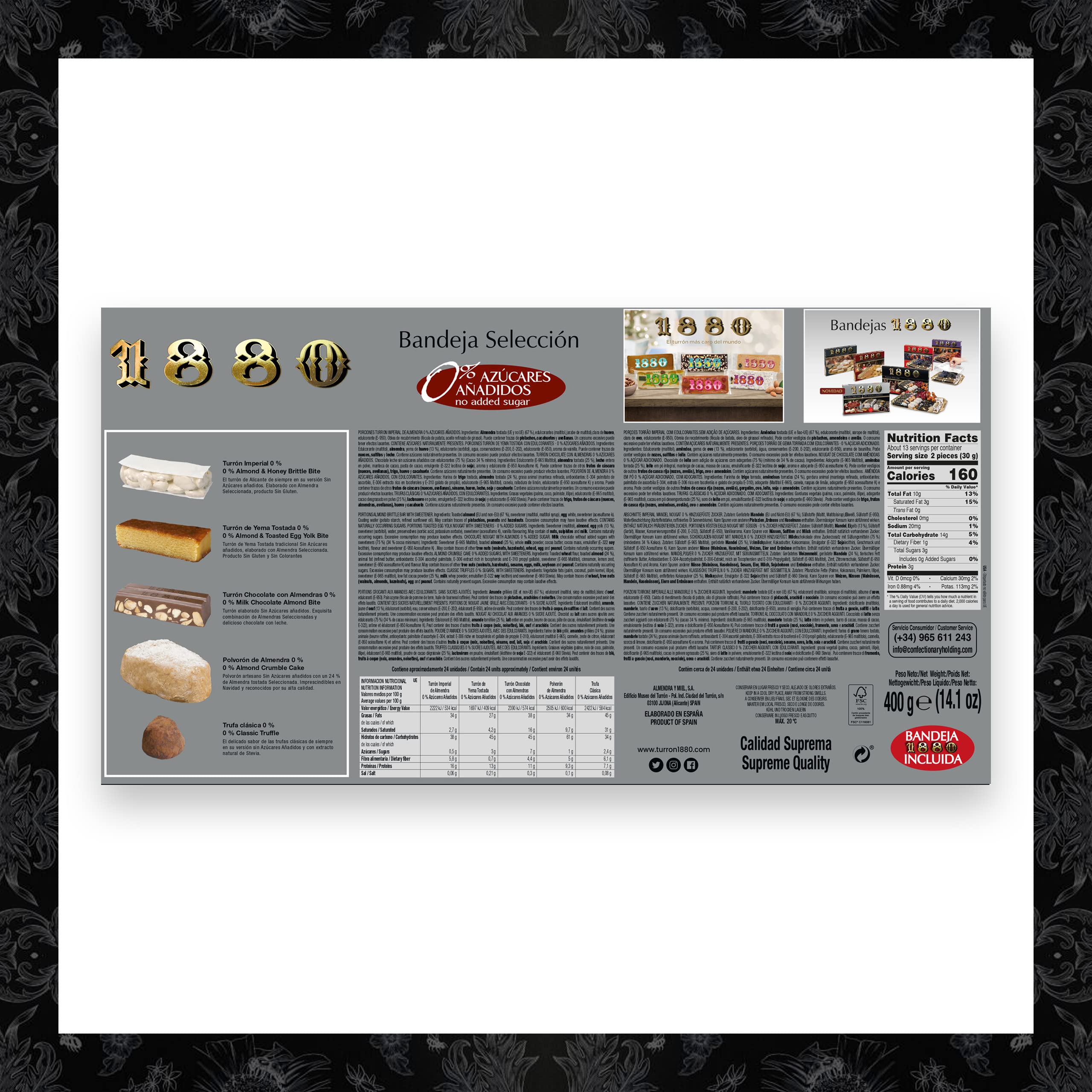 1880 - Bandeja Selección 0% Azúcares Añadidos, Caja, El Turrón más Caro del Mundo, Selección Navidad Calidad Suprema, Típico Dulce Navideño, Receta Artesanal, Listo para Servir, 400g