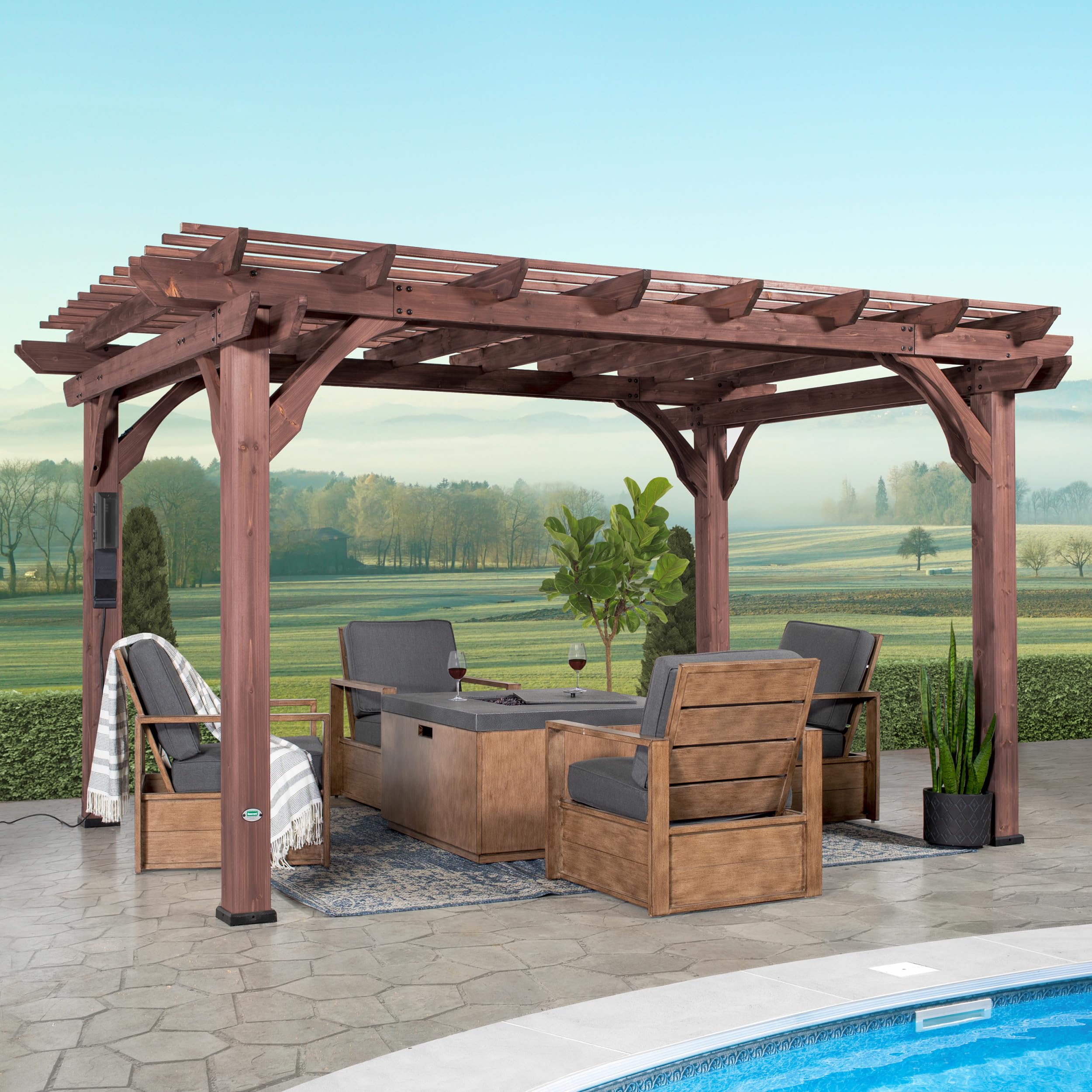 Photo 1 of *** CHIPPED WOOD PIECES ***Backyard Discovery Somerville 14 x 10 Walnut All Cedar Pergola, Durable, Quality Supported Structure, Snow and Wind Supported, Rot Resistant, Electrical Outlet with USB, Deck, Garden, Patio