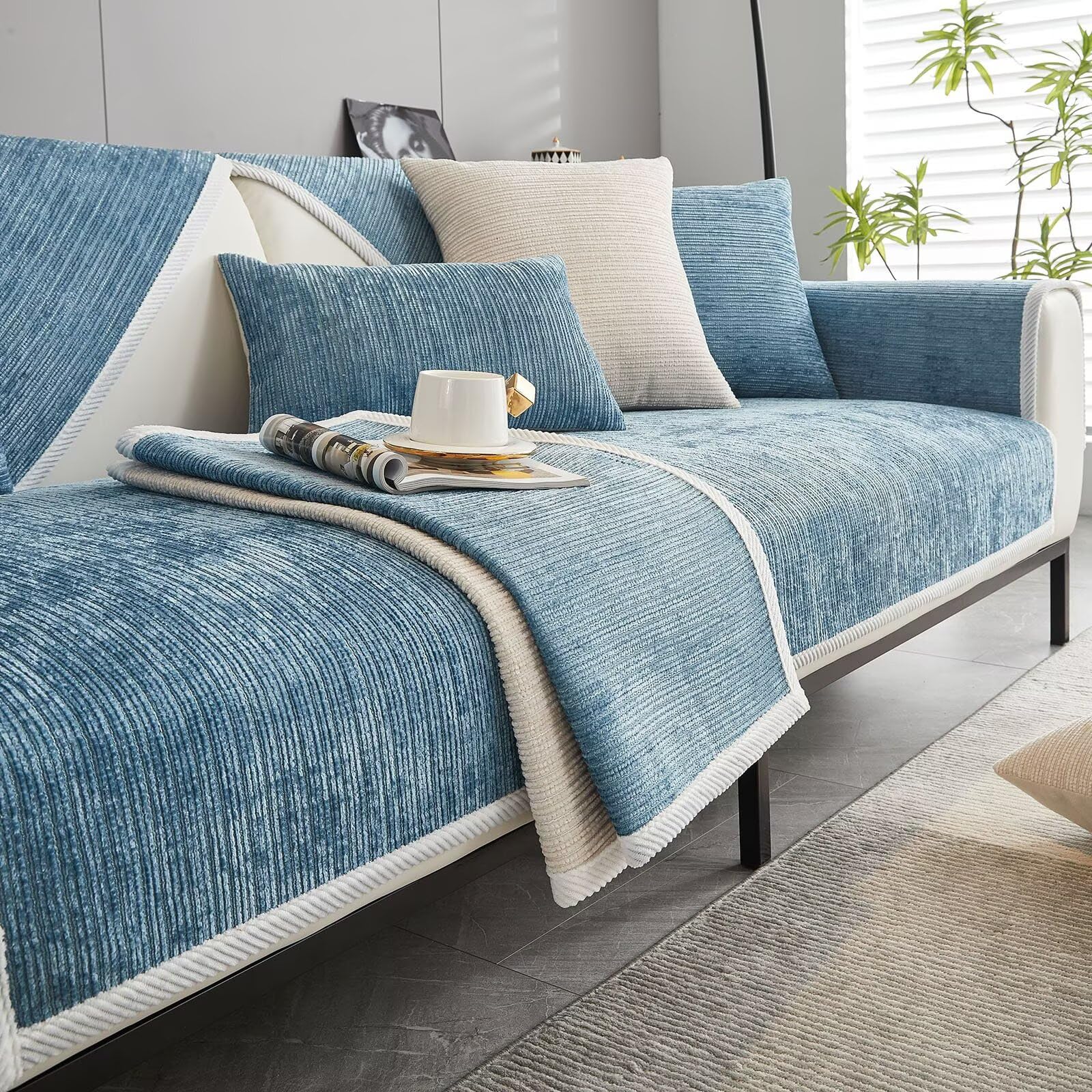 Bettschlange Sofa Überzug, Couch Überzug L Form 1/2/3/4 Sitzer, Sofa Cover Sofabezug Ecksofa rutschfeste Sofaschoner, Sofadecken für Sitzfläche, Universelle Sofa Überwurf,Blau,90 x 160 cm