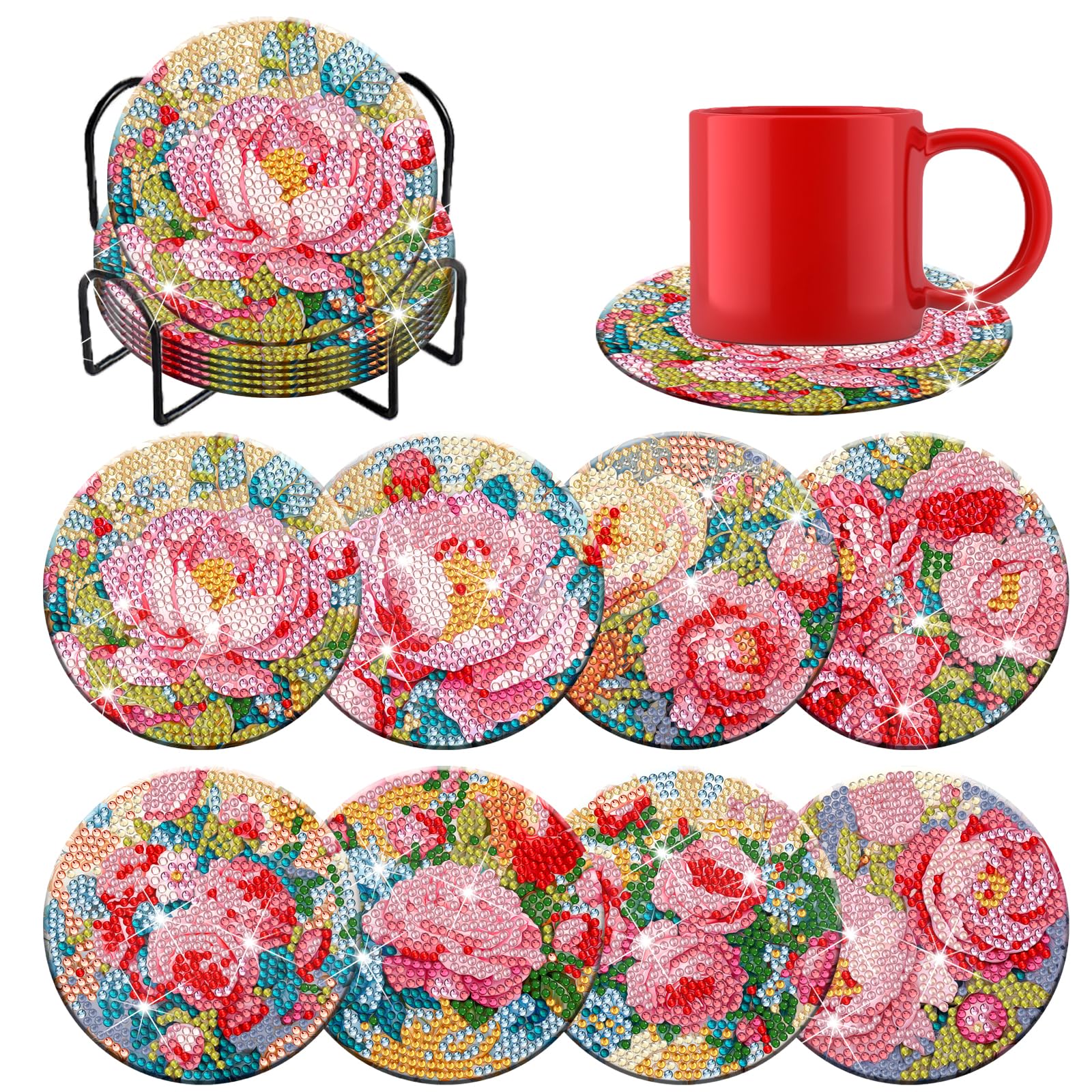 Demonwer 8 Pieces Peony Diamond Coaster Kit with Holder DIY Peony Diamond Art Coaster Gifts for Beginners Adults Kids Art Table Home Craft Gift