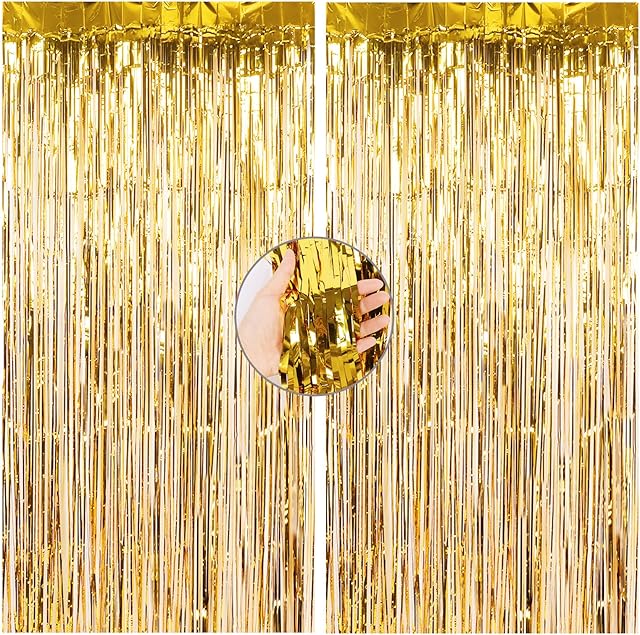 Mutool 2 Pack Gold Tinsel Curtains, 1 x 2m Sparkle Foil Fringe Curtains, Metallic Streamer Backdrop for Birthday Party Wedding Baby Shower Christmas Halloween Disco Party Decorations