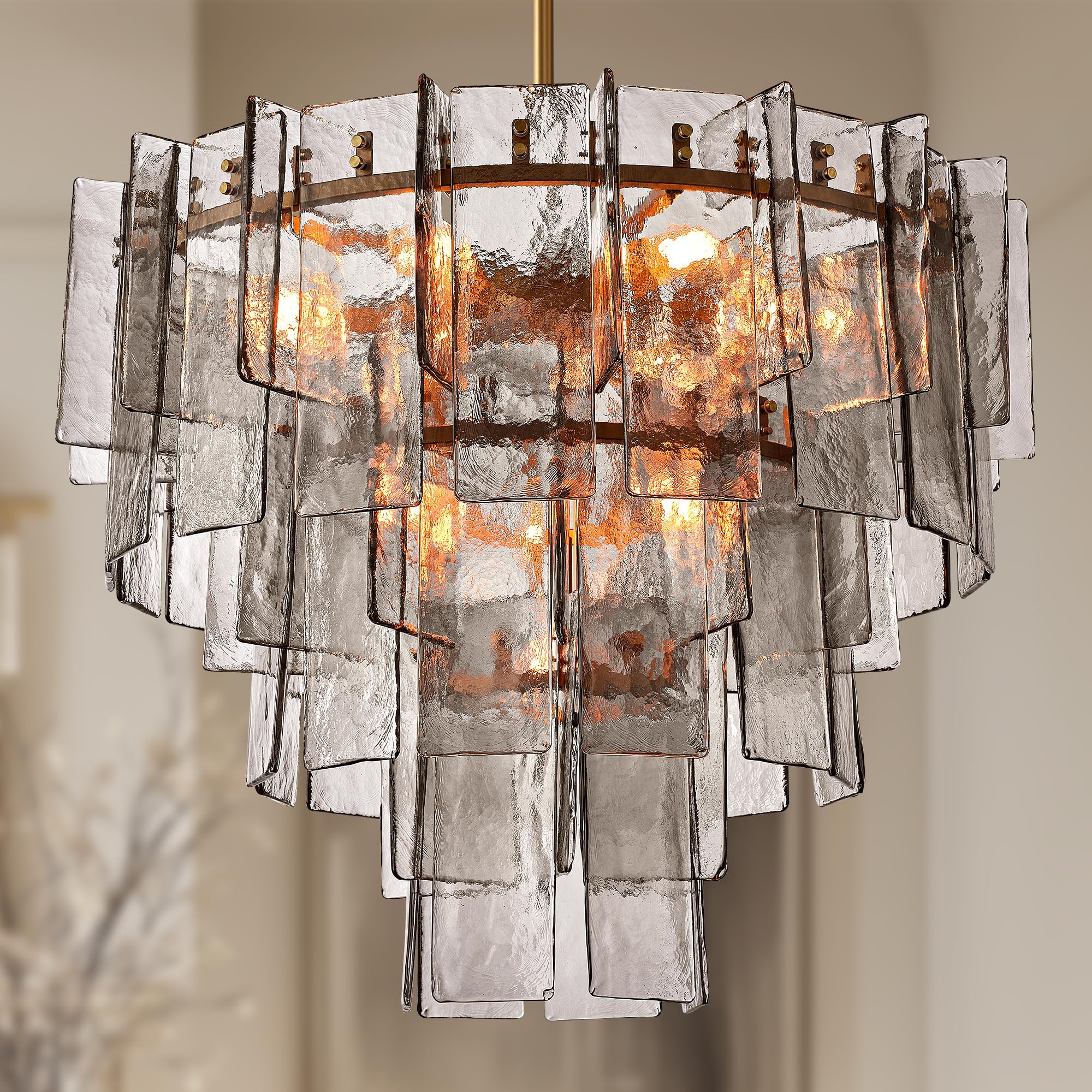 36 Gold Tiered Glass Chandelier 10-Light Modern Pendant Lighting Fixture w E26 Sockets Adjustable Rods Warm White LED