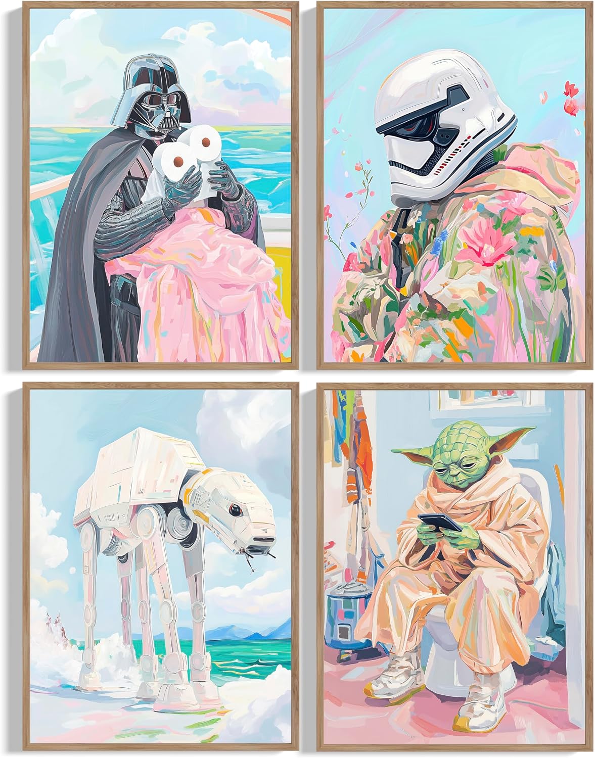 Star Wars Bathroom Décor 4 Piece Set Wall Collage - Premium Giclee Fine Art Print - Star Wars Décor Aesthetic Modern Vintage Painting Style Print Poster for Bathroom Wall Decor, Ready to Frame