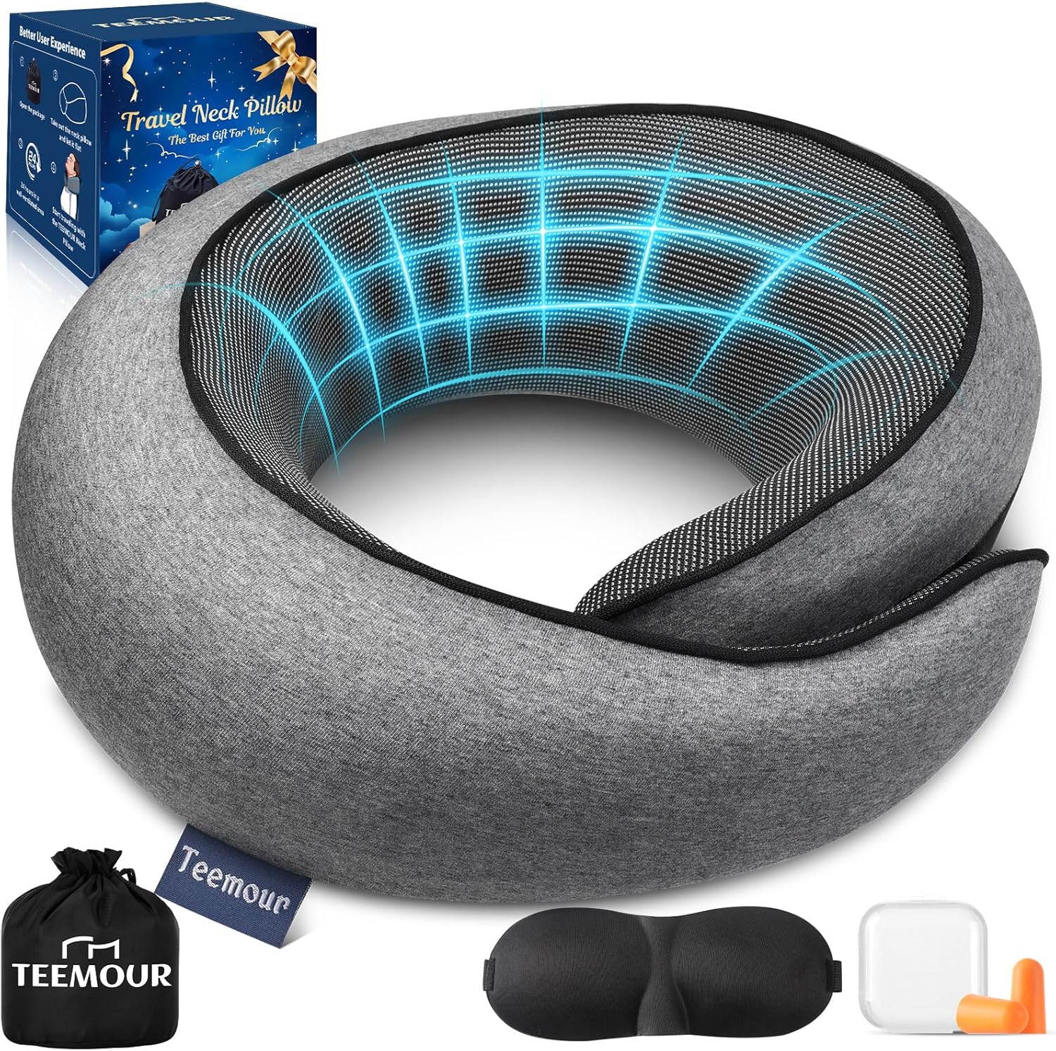Neck Pillow for Airplane Travel Memory Foam Neck Travel Pillow with Eye Mask & Ear Plugs, Portable Carry Bag for The Comfort of Travel & Office, Travel Pillow for Plane, Car, Home, Work, Dark Grey 360 Support Large