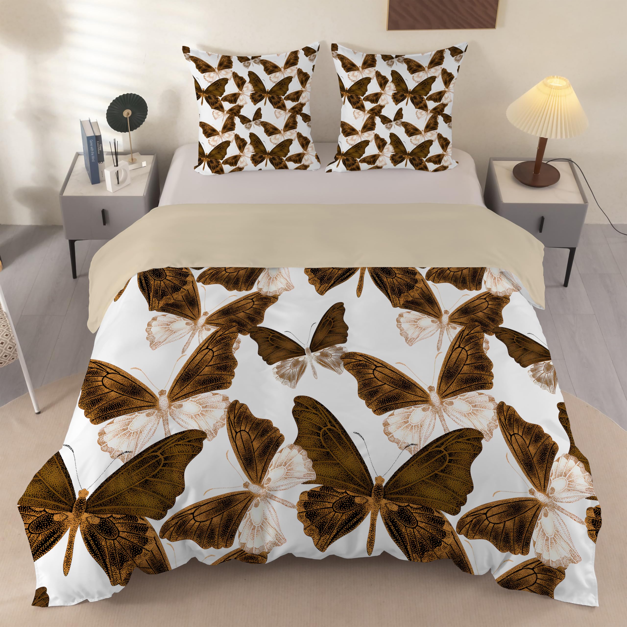 Housse de couette 240x260 papillon en microfibre beige avec taies d'oreiller