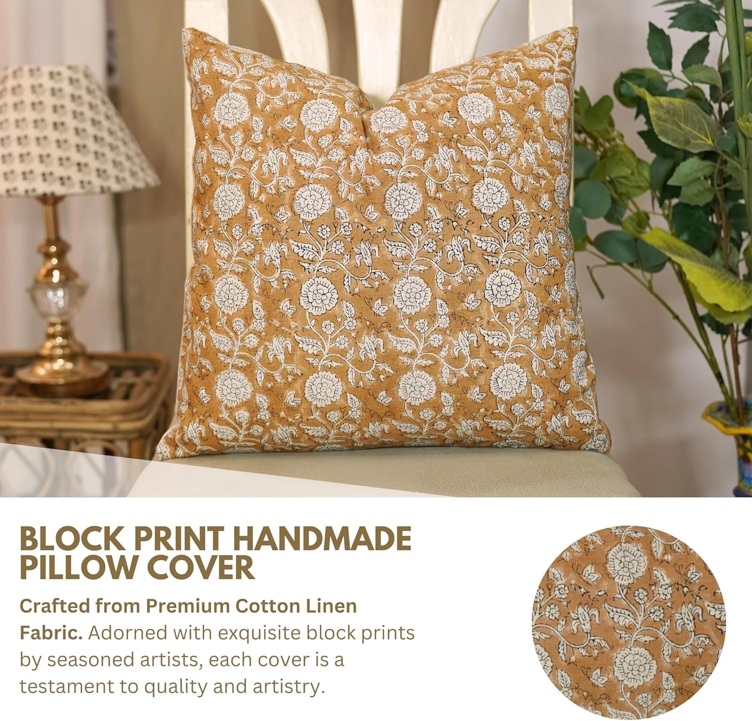 Handmade Block Print Cotton Linen 20x20 Inches Decorative Throw Pillowcase Cushion Cover with Invisible Zipper for Sofa, Couch, and Bed, Halloween, Fall Decoration Seasons, Shillong, Orange