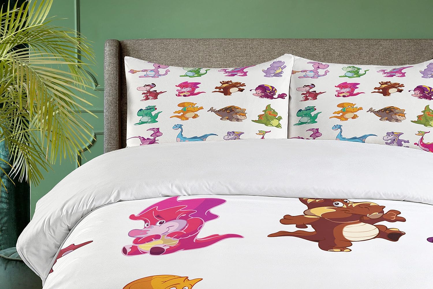 Ambesonne Jurassic Duvet Cover Set, Dino's Dinosaurs Extinction Funny Comic Cartoon Illustration, Decorative 3 Piece Bedding Set with 2 Pillow Shams, Twin Size, Purple Green