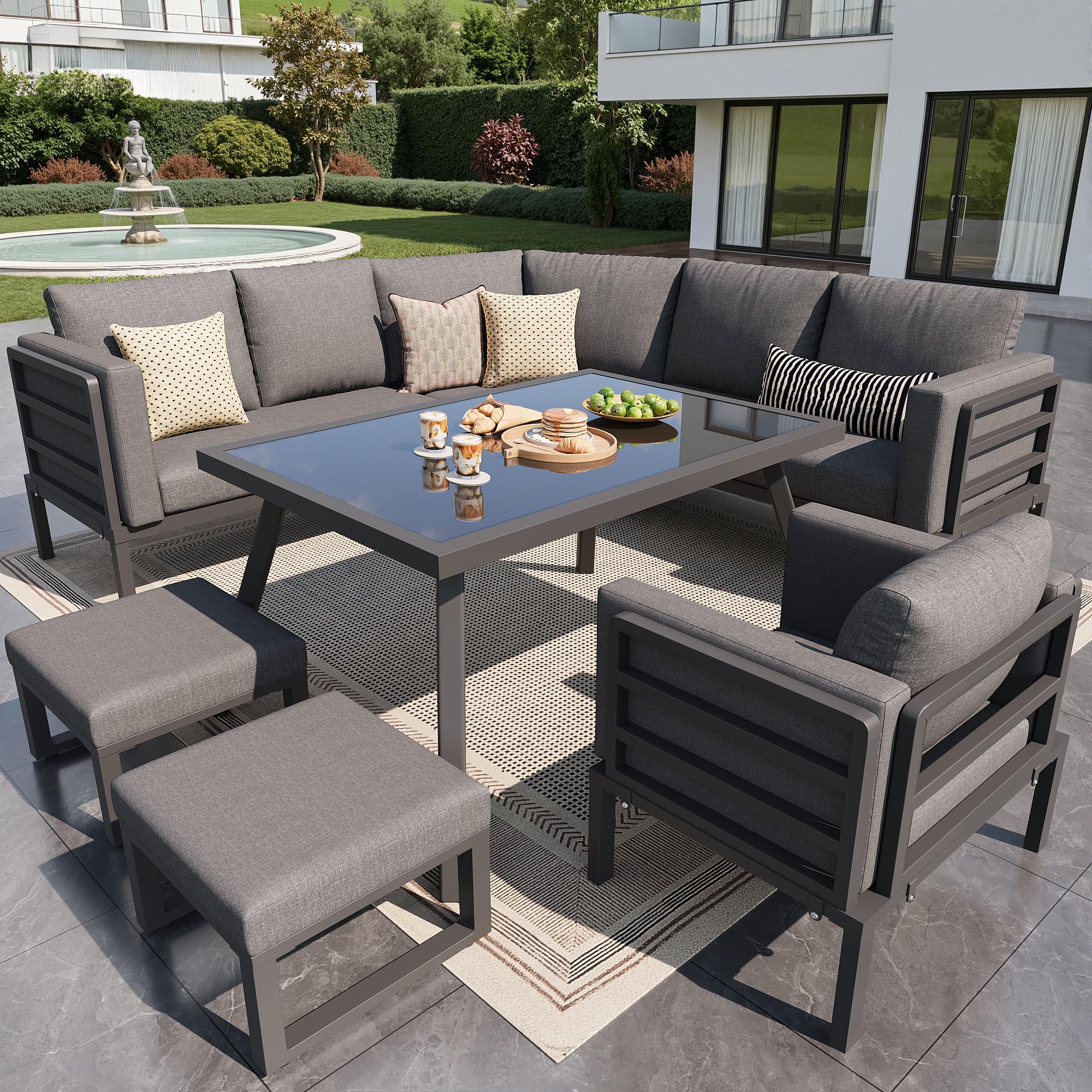 Conjunto Jardin Exterior en Forma de Media Luna para 8 Personas, Muebles Jardin Exterior con Mesa y Cojín Blando, Sofa Modular con 2 Taburetes y Sillón, Garden Furniture, Gris