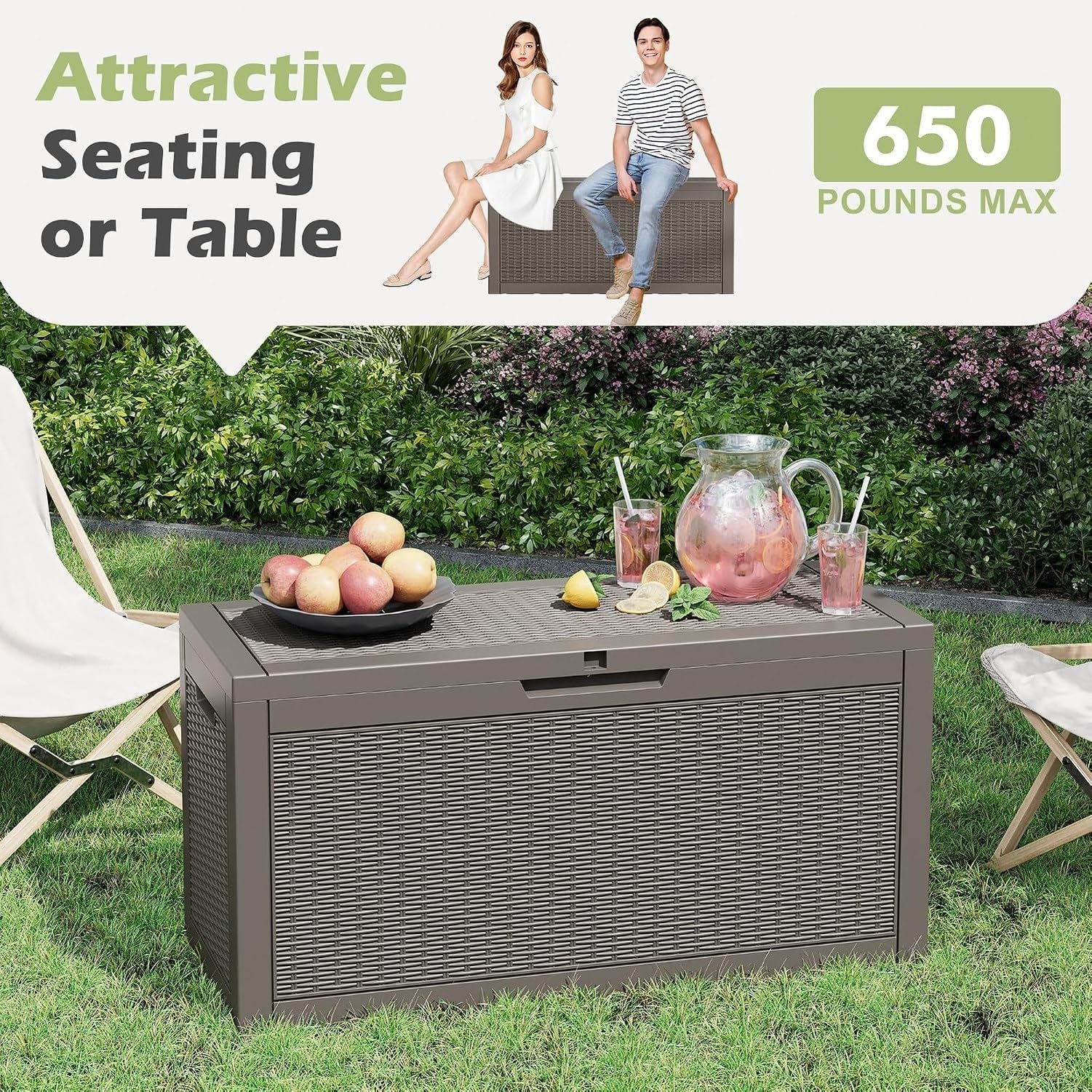 Baulera Exterior Impermeable 130L para Almacenaje Terraza, Ratán Gris