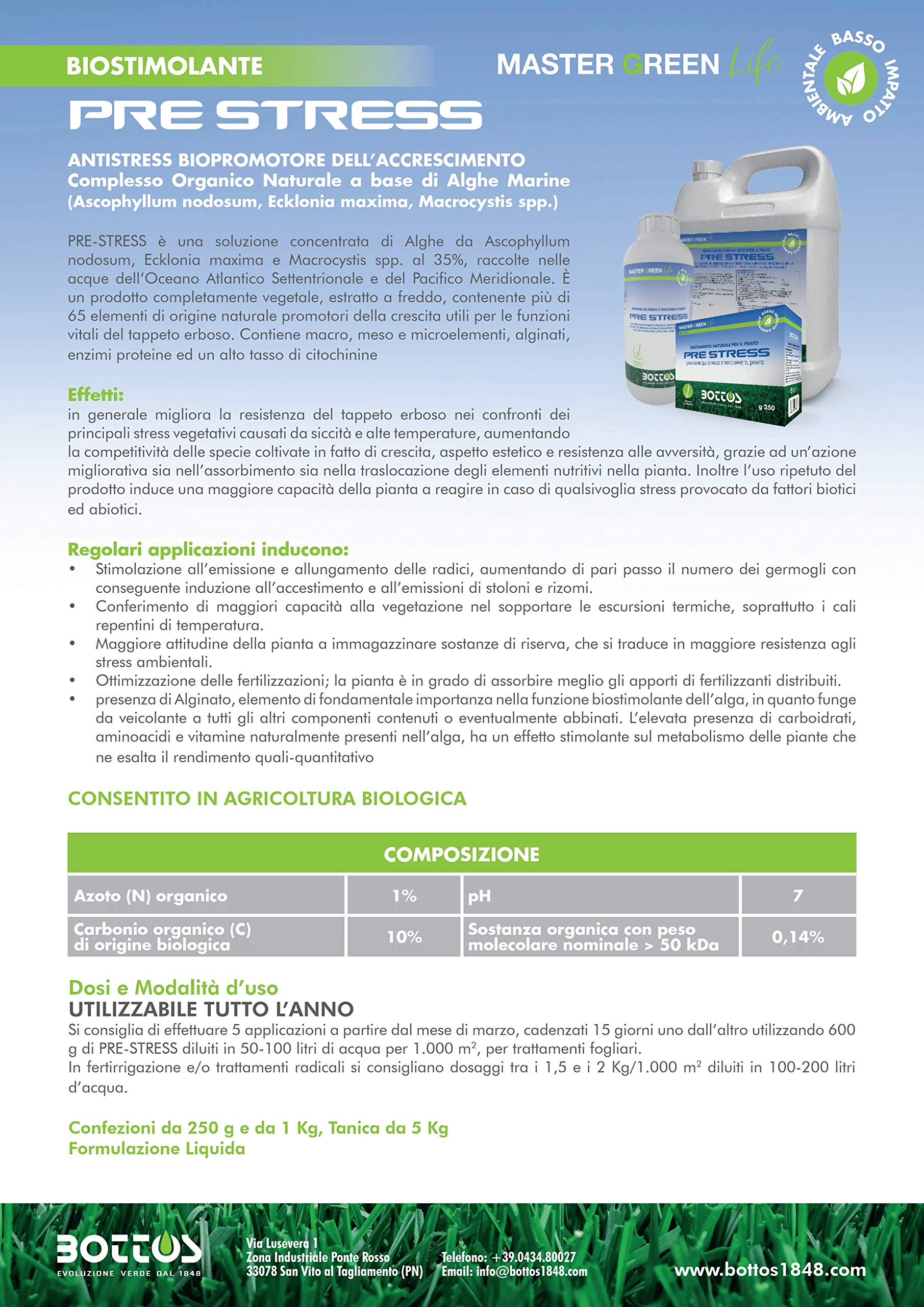 Bottos Concime Naturale Prato Biostimolante Pre Stress Biopromotore Accrescimento Giardino 250