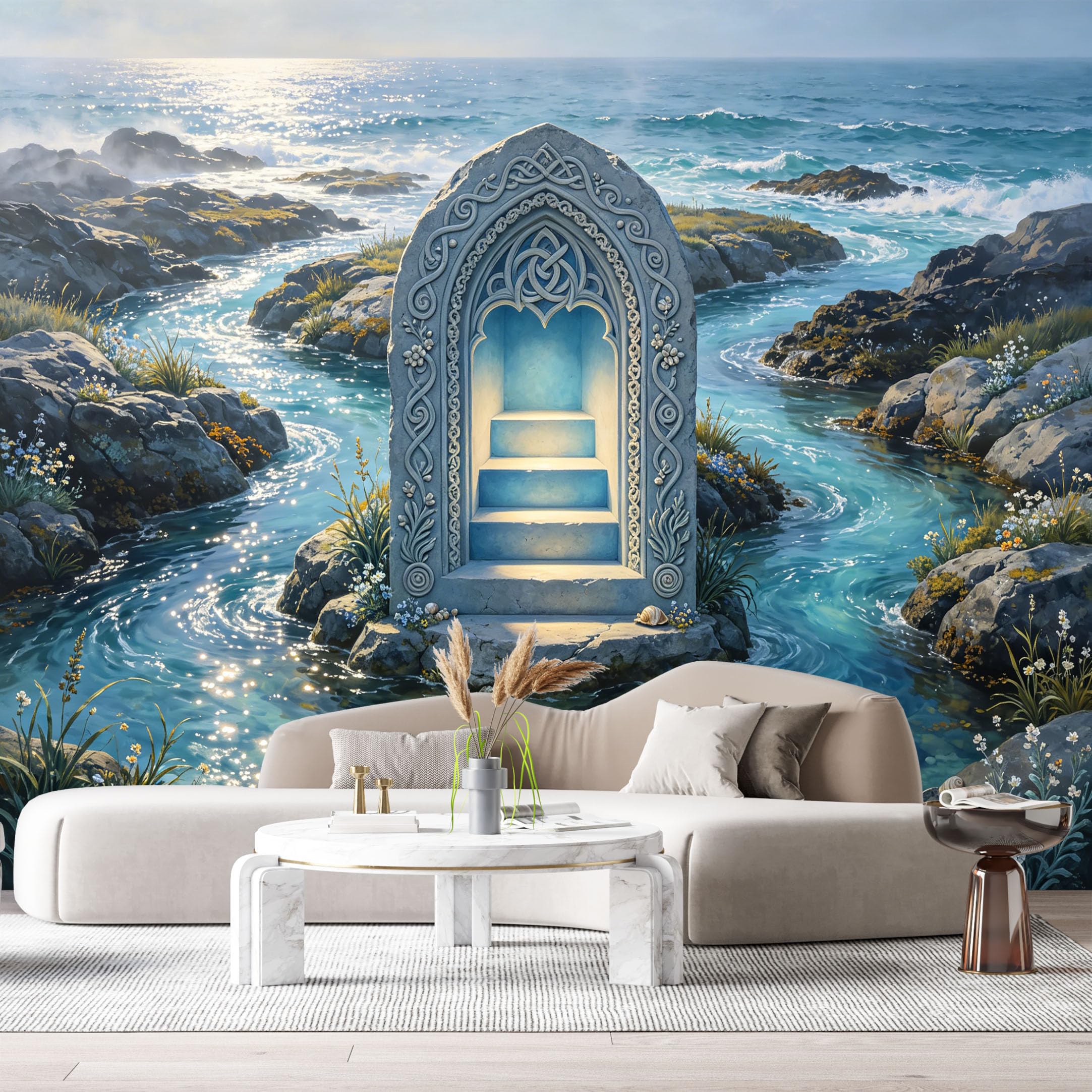 Custom Size Wall Murals Fantasy Archway Coastal Landscape Ocean 3D Trompe L'Oeil SelfAdhesiveWall Fabric Removable Wallpaper Wall Decor for Living Room Bedroom Bathroom