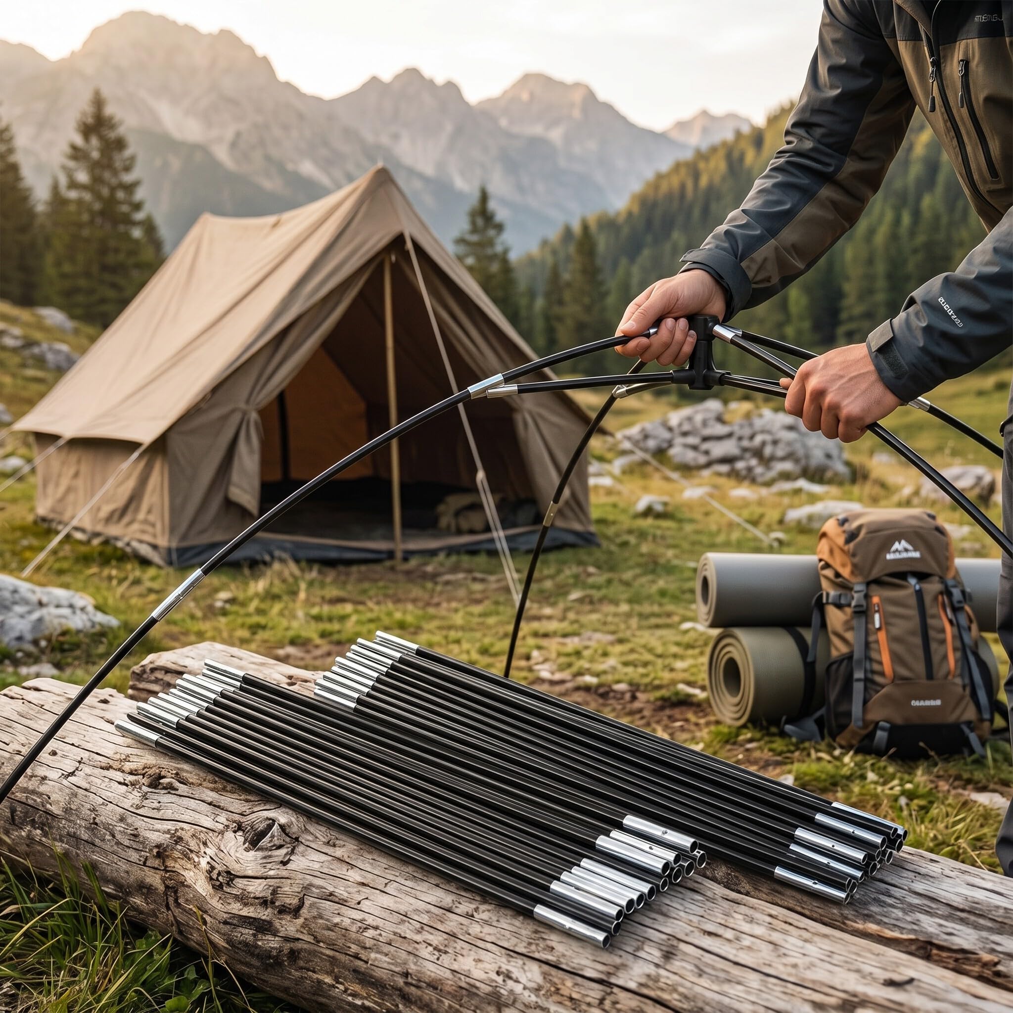 2pz Pali per Tenda, 340cm 7 Sezioni Pieghevole Bastoncini per Tende da Campeggio Asta in Fibra di Vetro Pali di Supporto per Tenda Kit per Tende da Campeggio per 2 Persone | In fibra di vetro, pieghevoli, 7 sezioni, per tende da campeggio 2 persone