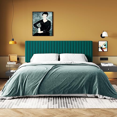 Miniatura 53 de HOOMIC Base de cama de plataforma de tamaño matrimonial, cama tapizada de terciopelo moderno con cabecera capitoné de canal vertical ajustable,