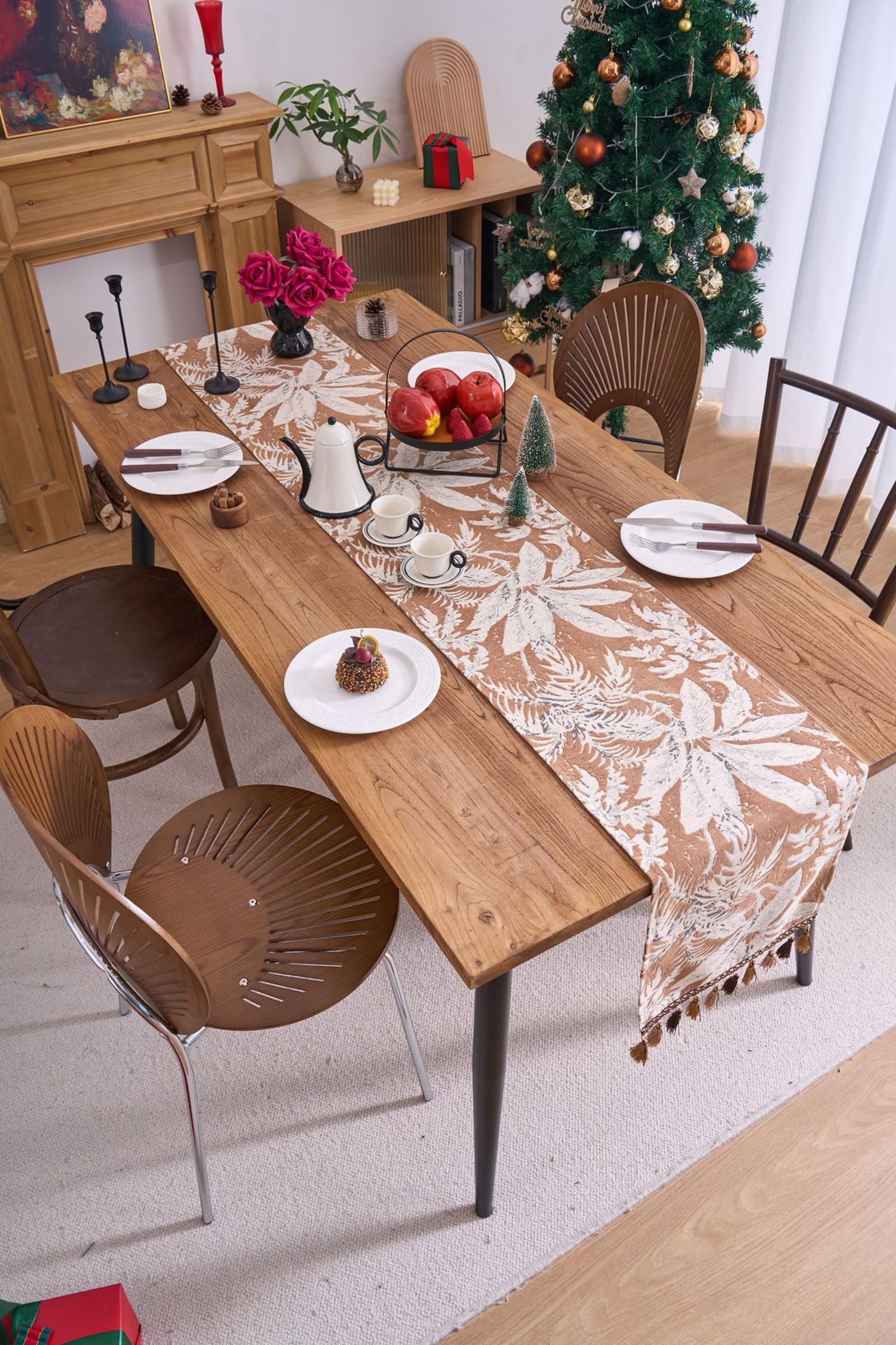 Khaki Tischläufer Polyester, Dekostoff Tischläufer Abwaschbar Tischband Jacquard Kokospalmen Muster mit Quasten Tischdecke für Küche Esstisch Hochzeit Dekor, 33x400 cm, Khaki