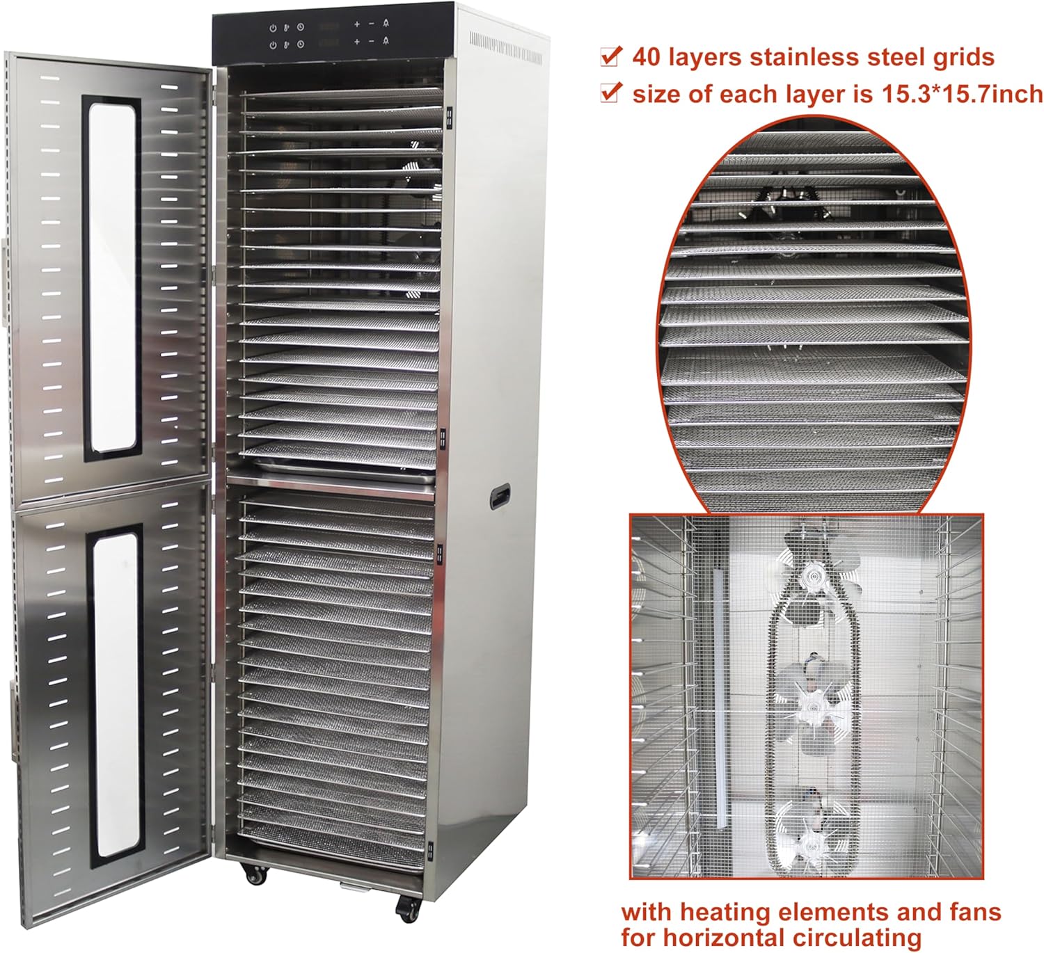 TECHTONGDA 40 Layers Commercial Food Dehydrator Dryer Stainless Steel Air Dry Machine Fruit Vegetable Pet Meat 220V
