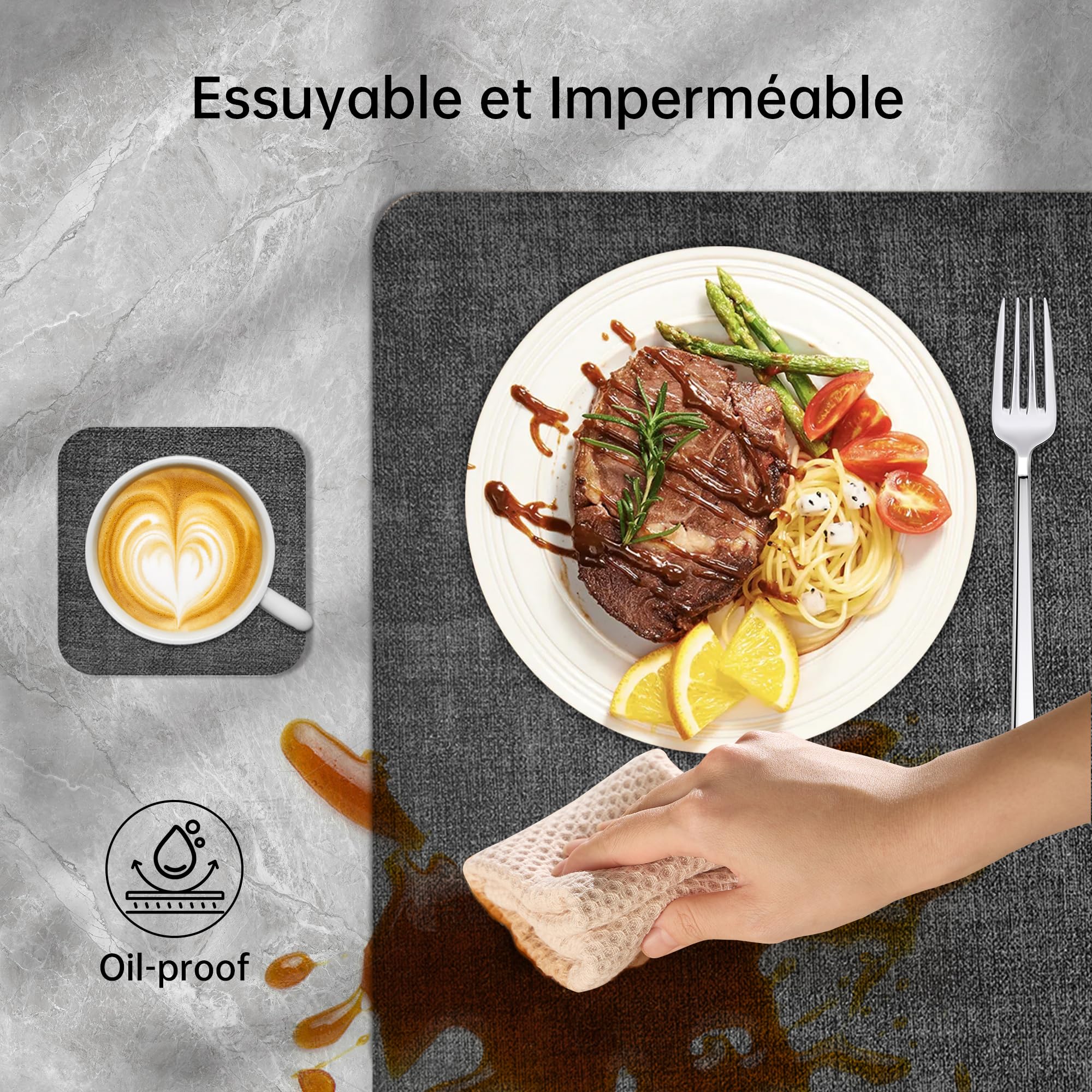 KitchenBoss Podkładki stołowe zmywalne i zestaw 6 podstawek: podkładki placemat, antypoślizgowe, odporne na wysokie temperatury, dwustronne podkładki, zmywalne, z PCW do jadalni (szare, morelowe) 43 x