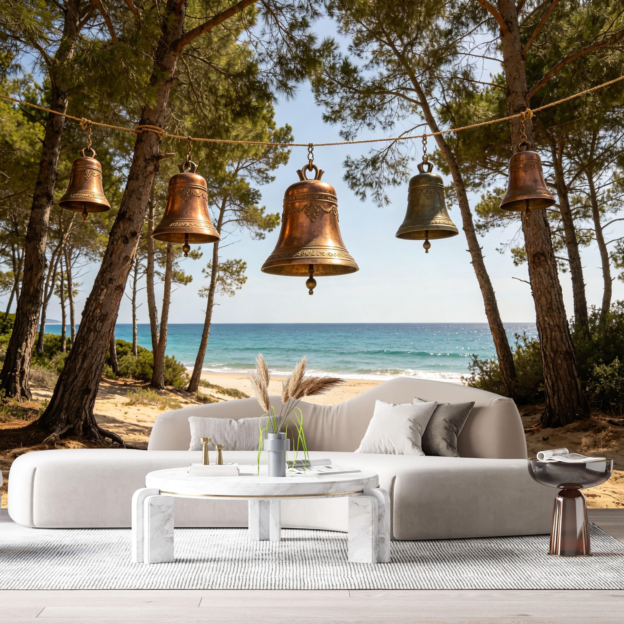 Custom Size Wall Murals Bronze Bells Coastal Landscape Ocean Marine Modern Contemporary SelfAdhesive Wall Fabric Removable Large Wallpaper for Photo Living Room