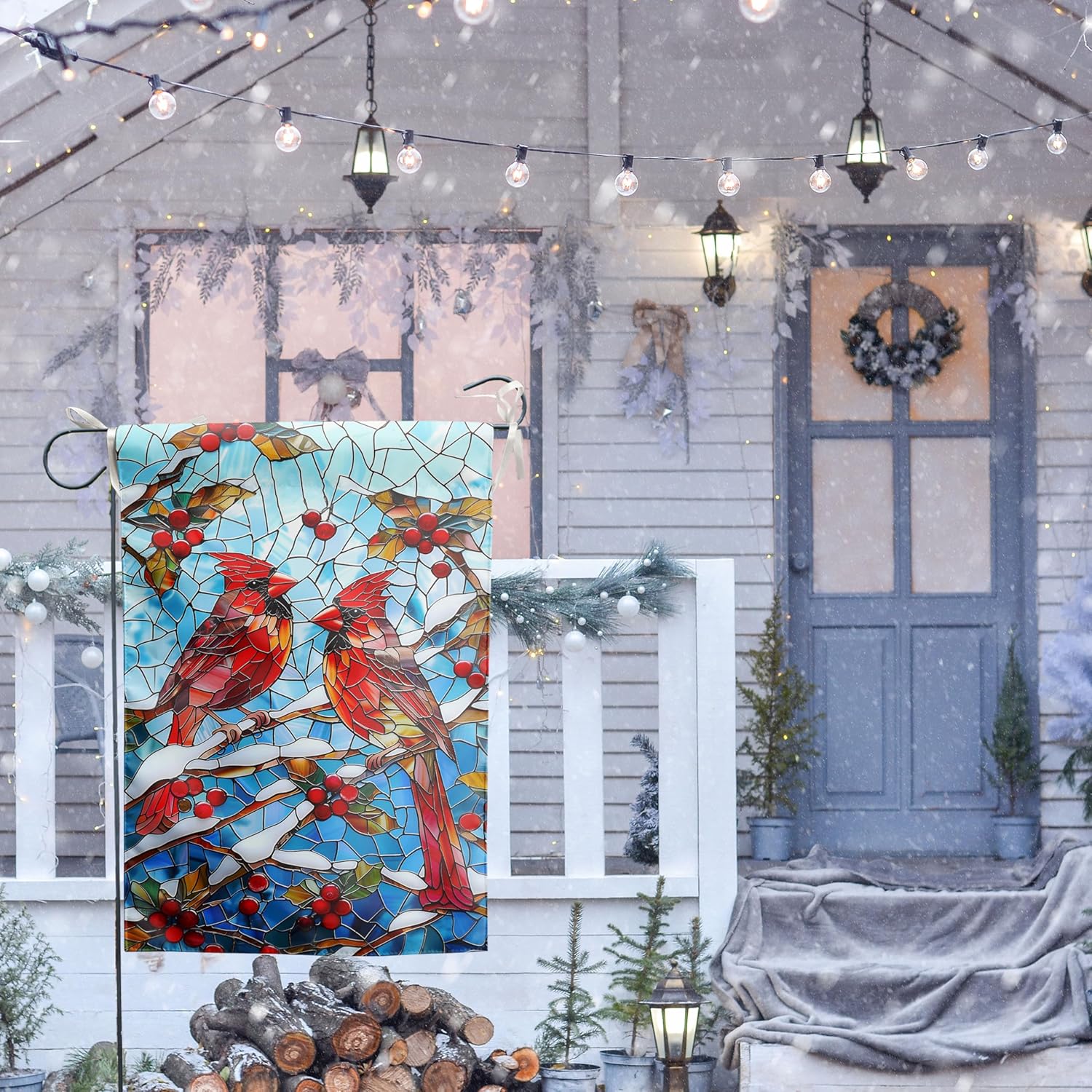 Winter Cardinal Bird Garden Flag for Outside 28x40 Stained Glass Red Birds on Snow Pine Tree Flag Christmas House Flags Large Outdoor Welcome New Years Yard Flag Double Sided - Image 7