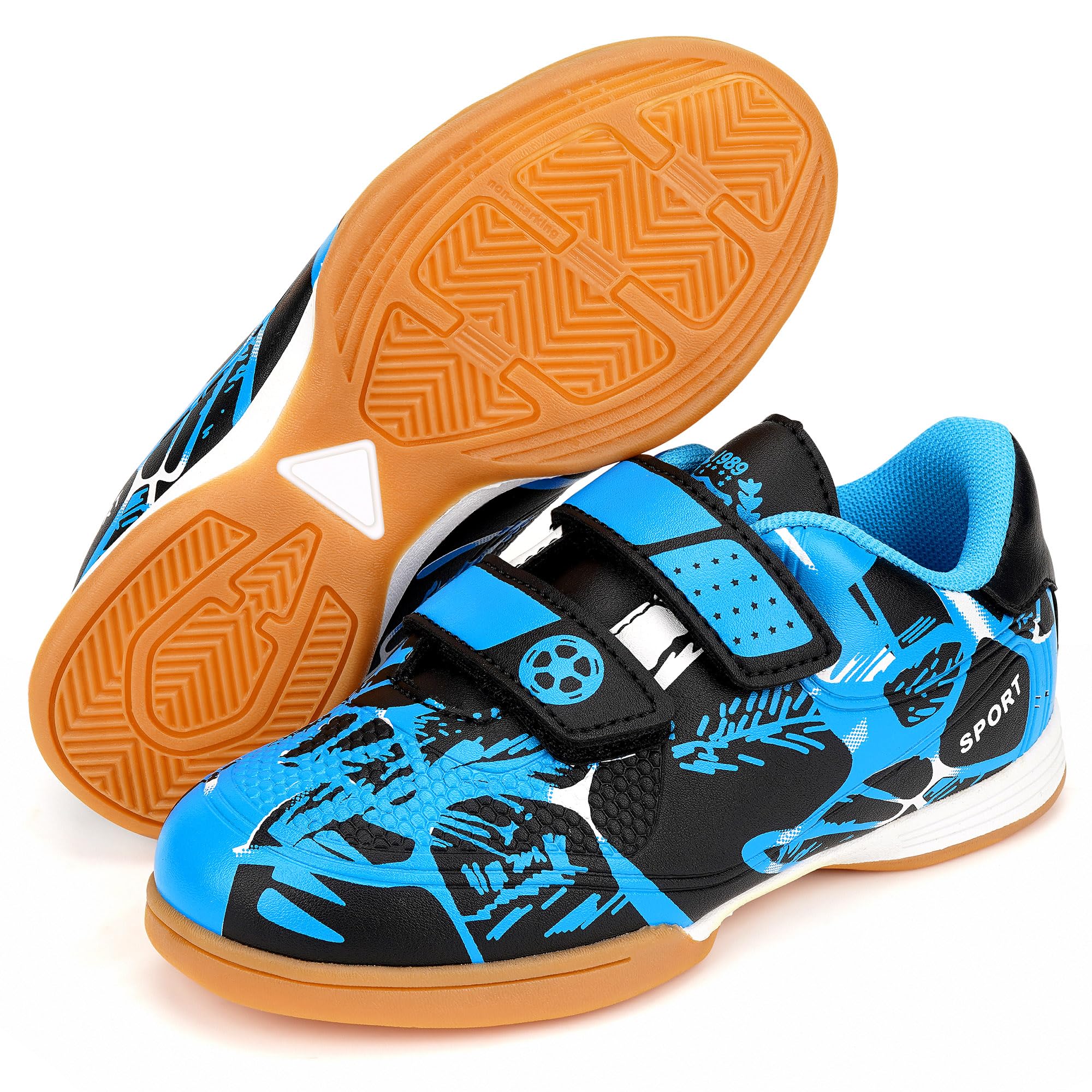 Linkidea Kids Laceless Indoor Soccer Shoes, Rubber Outsole Anti-Slip Sneaker, Futsal Training Cleats for Boys and Girls (Blue)