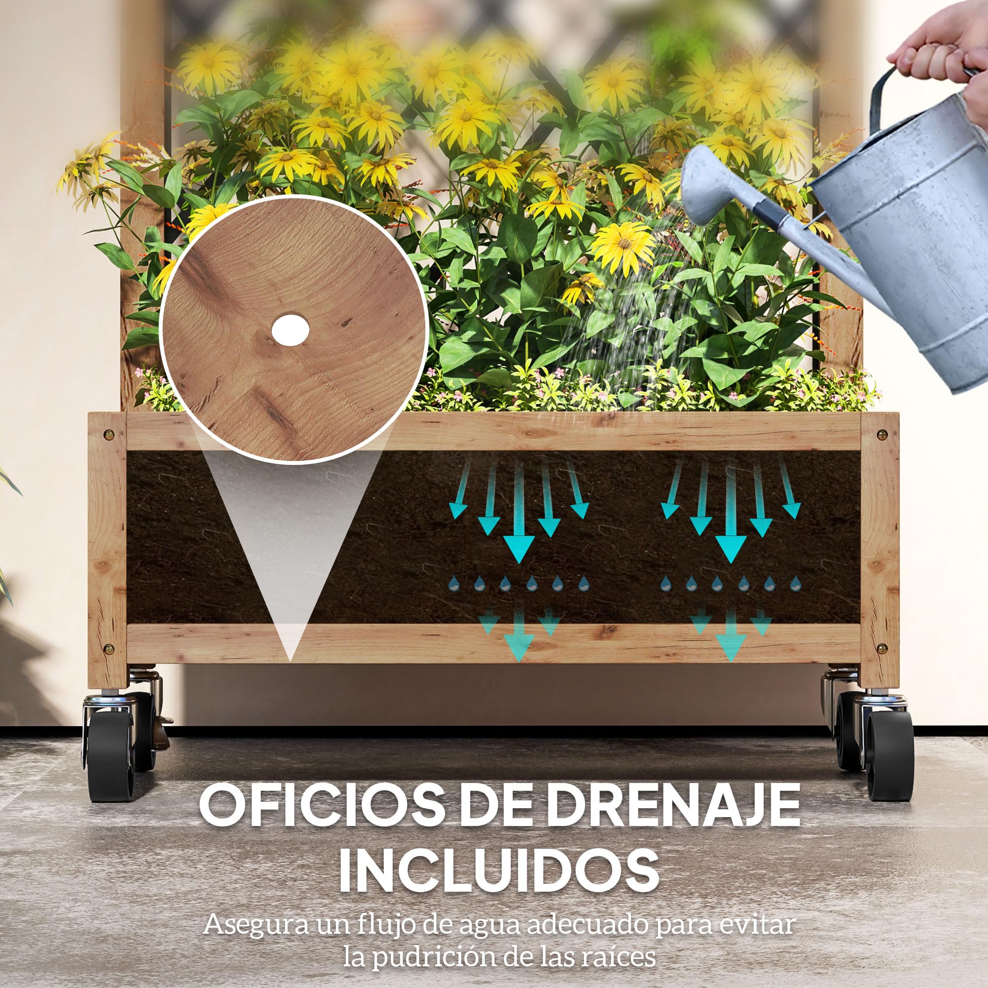 Outsunny Juego de 2 Jardineras de Exterior con Ruedas 52x25x97 cm Natural | Jardineras con Celosía Metálica, para Plantas Trepadoras, Maceteros para Jardín Terraza Patio