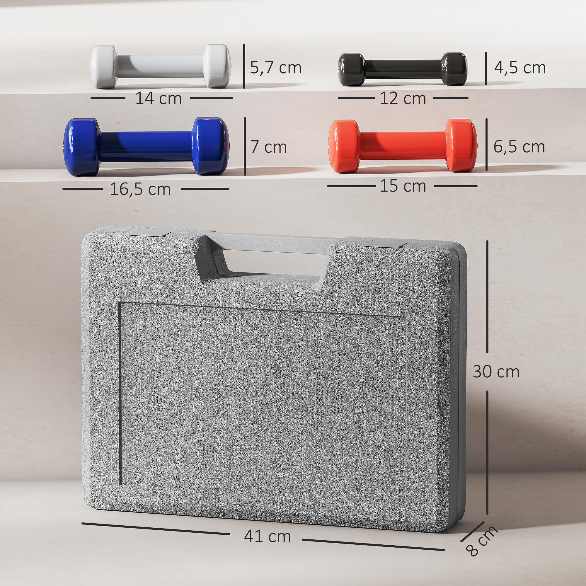 HOMCOM Ensemble d'haltères courtes total 10 Kg - paires de 0,5/1/1,5/2 Kg avec malette - entraînement musculaire & haltérophilie - métal PU