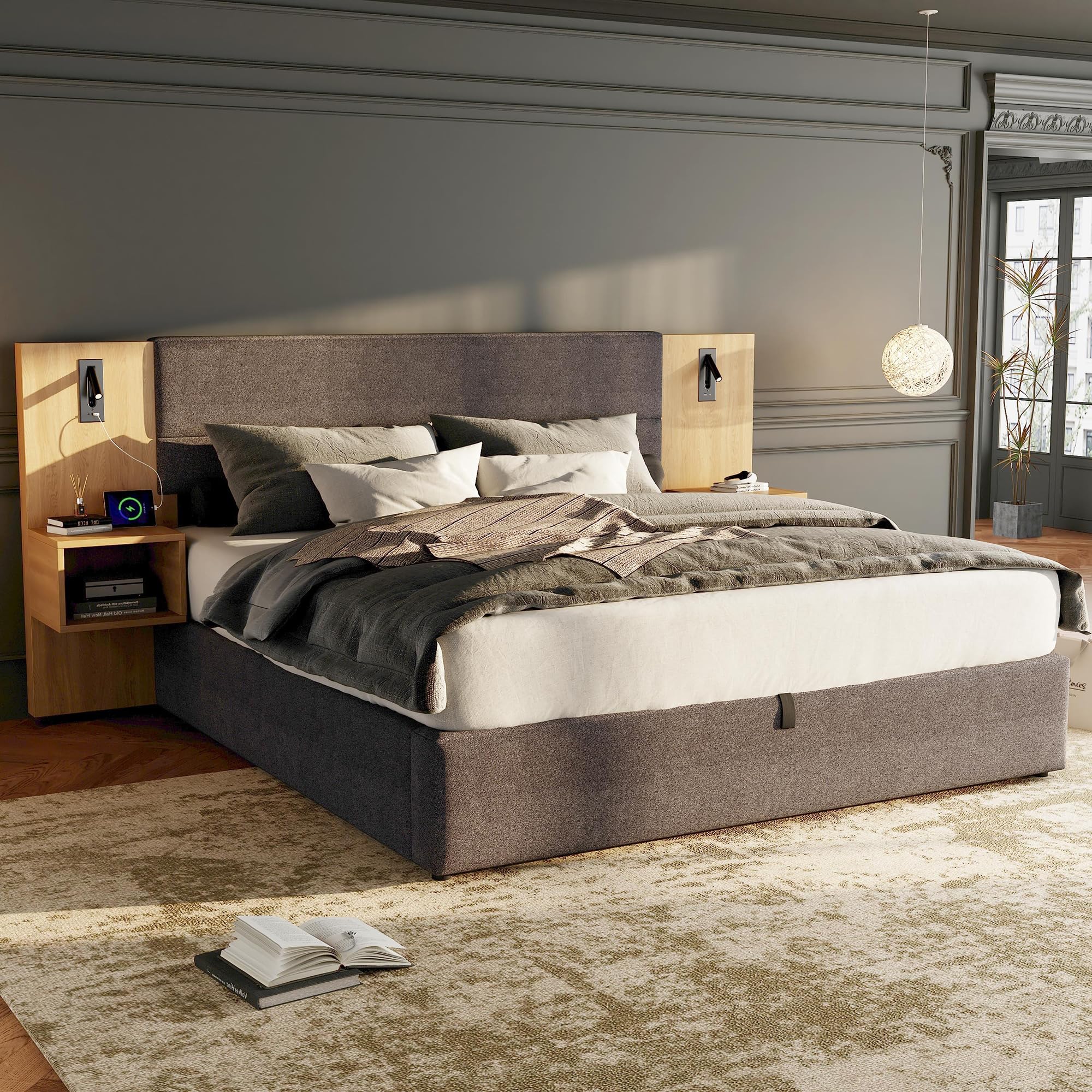 Letto imbottito 160 x 200 cm, idraulico, con connettore USB, illuminazione con due comodini con spazio di archiviazione, rete a doghe in legno, facile da montare, velluto grigio + naturale