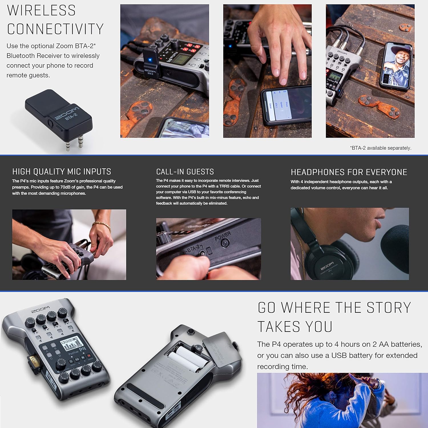 Zoom PodTrak P4 Portable Multitrack Podcast Recorder + Zoom M-1 Mic + Headphones + Windscreen + XLR Cable + Tabletop Stand + 32GB Memory Card + 4 AA Batteries and Charger + Cloth – Top Value Bundle