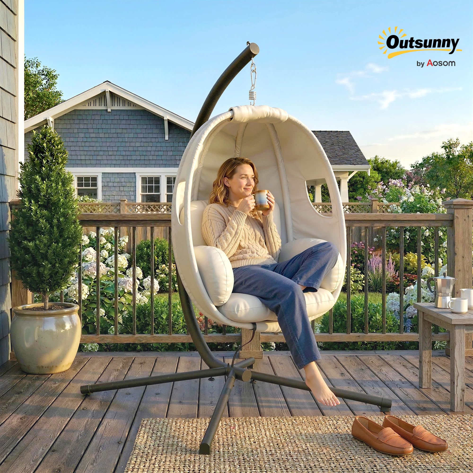 Outsunny Hängesessel mit Gestell Faltbarer Hängekorb 120 kg Hellgrau | Dicke Sitzpolster, Verstellbare Höhe, Sicherheitsgurt, Eiförmige Hängeschaukel, Schaukelsessel, Indoor Outdoor Garten