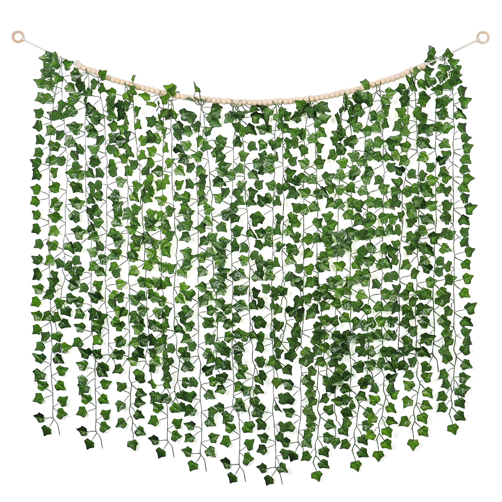 Weldomcor12 Pack Artificial Ivy Garland 7.2FT Fake Vine with Wood Beads UV Resistant Fake Ivy Realistic Green Leaves Fake Plants Hanging Vines for Home Office Wedding Wall Bedroom Garden Decor