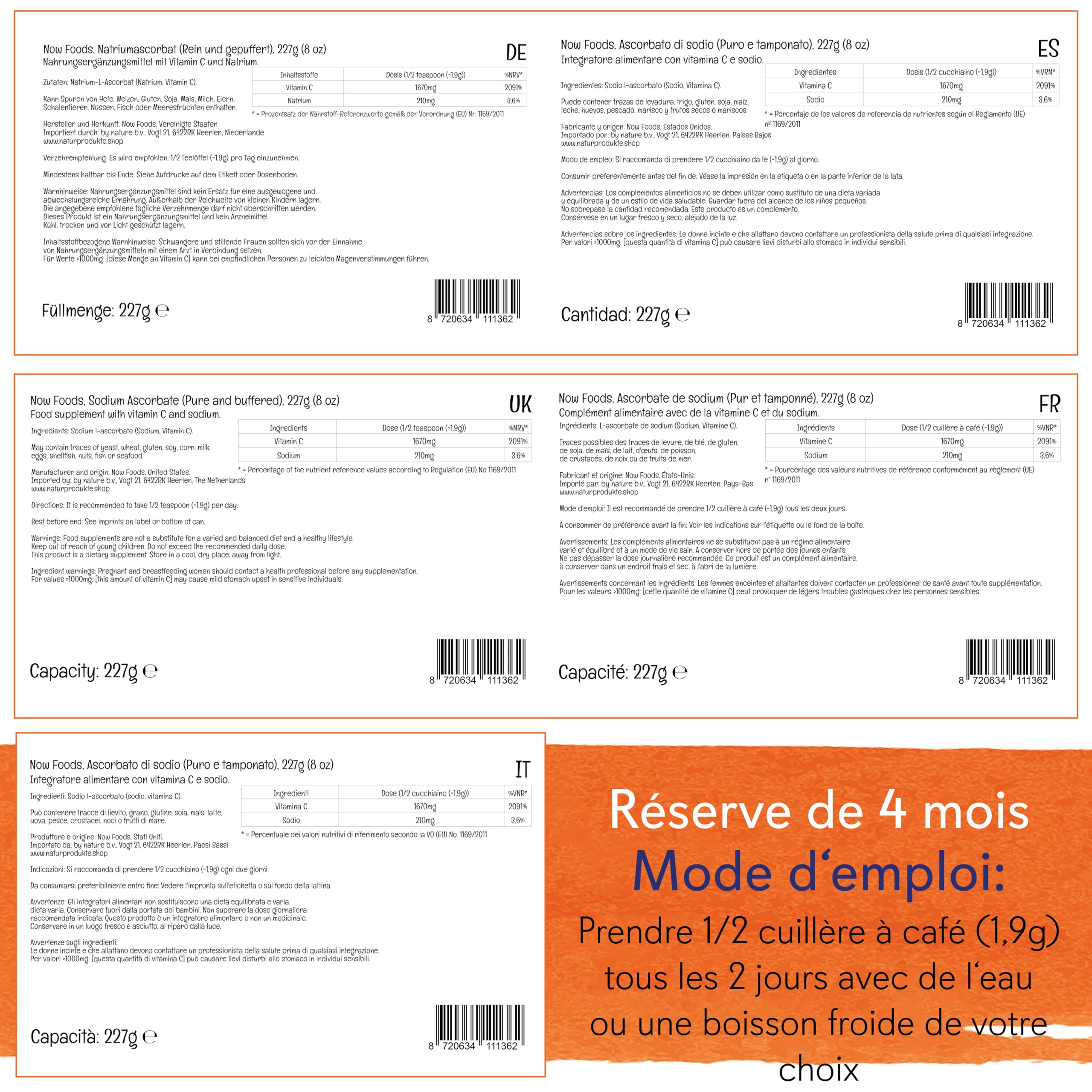 Now Foods, Sodium Ascorbate (Ascorbate de Sodium), 227g de Poudre végétalienne, Testé en Laboratoire, Vitamine C, Sans Gluten, Sans Soja, Végétarien