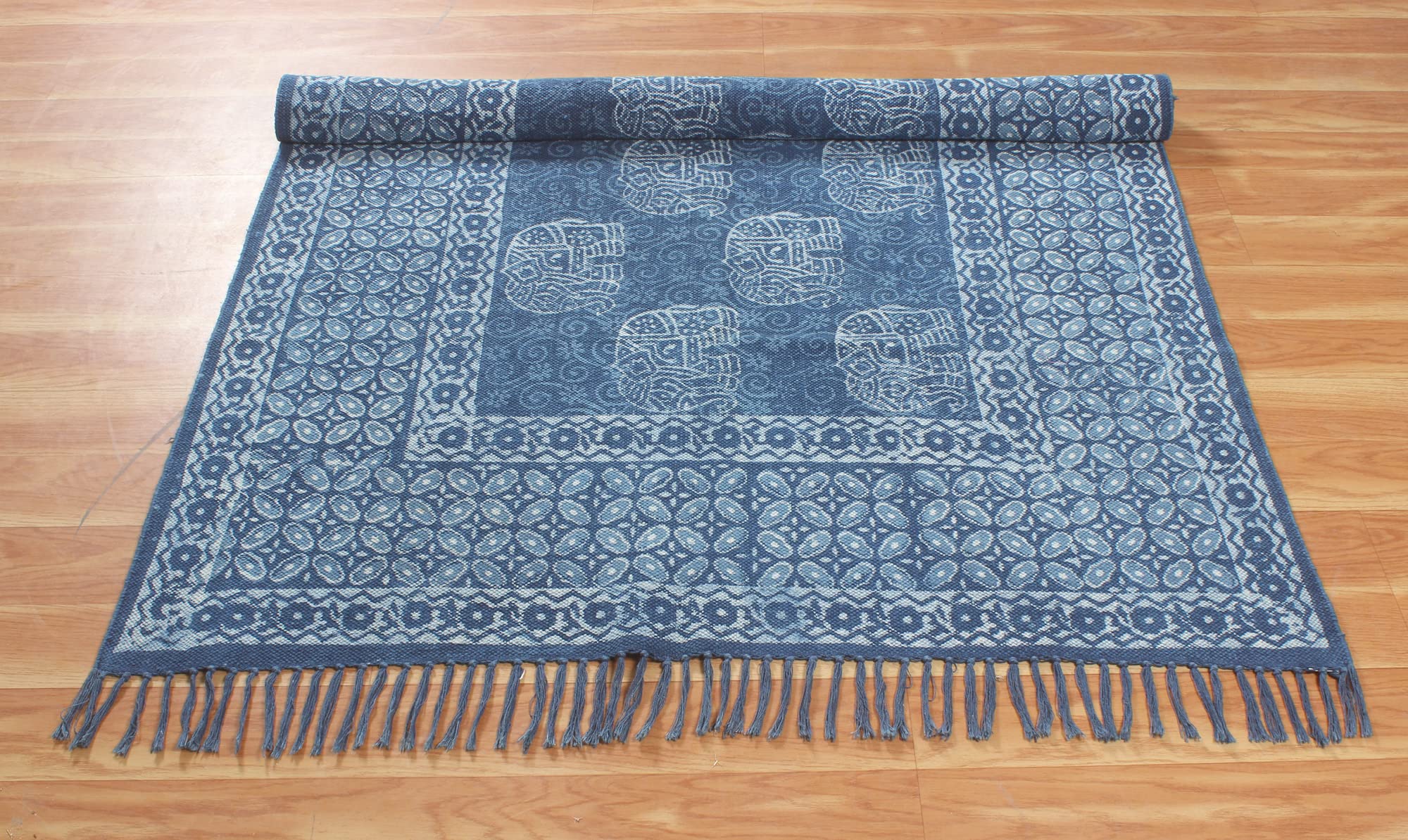 Tappeto Dhurrie Kilim realizzato a mano in cotone stampato Dabu blu indaco Tappeto per interni e soggiorno a trama piatta, adatto per camera da letto e bagno, 120 x 120 cm