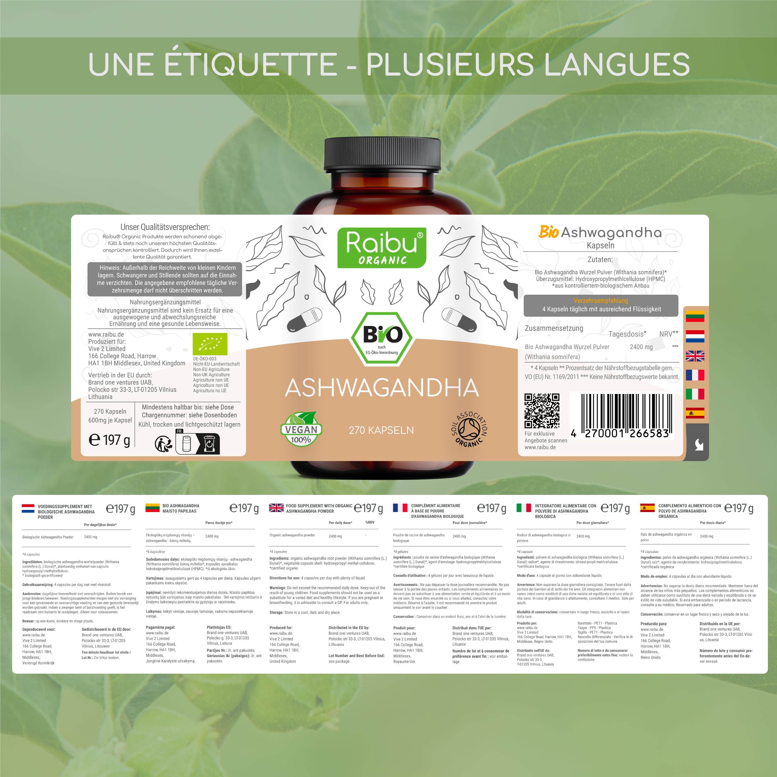 Ashwagandha BIO - 270 Gélules - Extra Fort : 2400 mg/jour - Ashwagandha Biologique Certifiée (Ginseng Indien/Withania Somnifera) - Sans Additifs, Végétalien - Pour votre Bien-être - Raibu