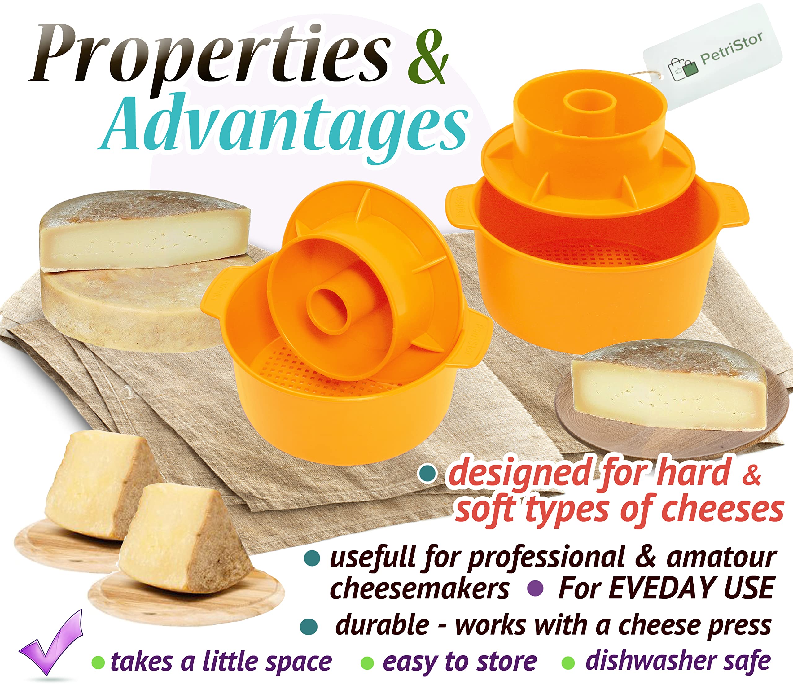 PetriStor 2-teiliges Käseherstellungs-Set, Butter-gestanzt, Cheese-Formpresse, Sieb, Käse mit Kolben, 1,2 Liter, Tofu-Pressform, Käseherstellungs-Set, Maschinenfarbe: Gelb