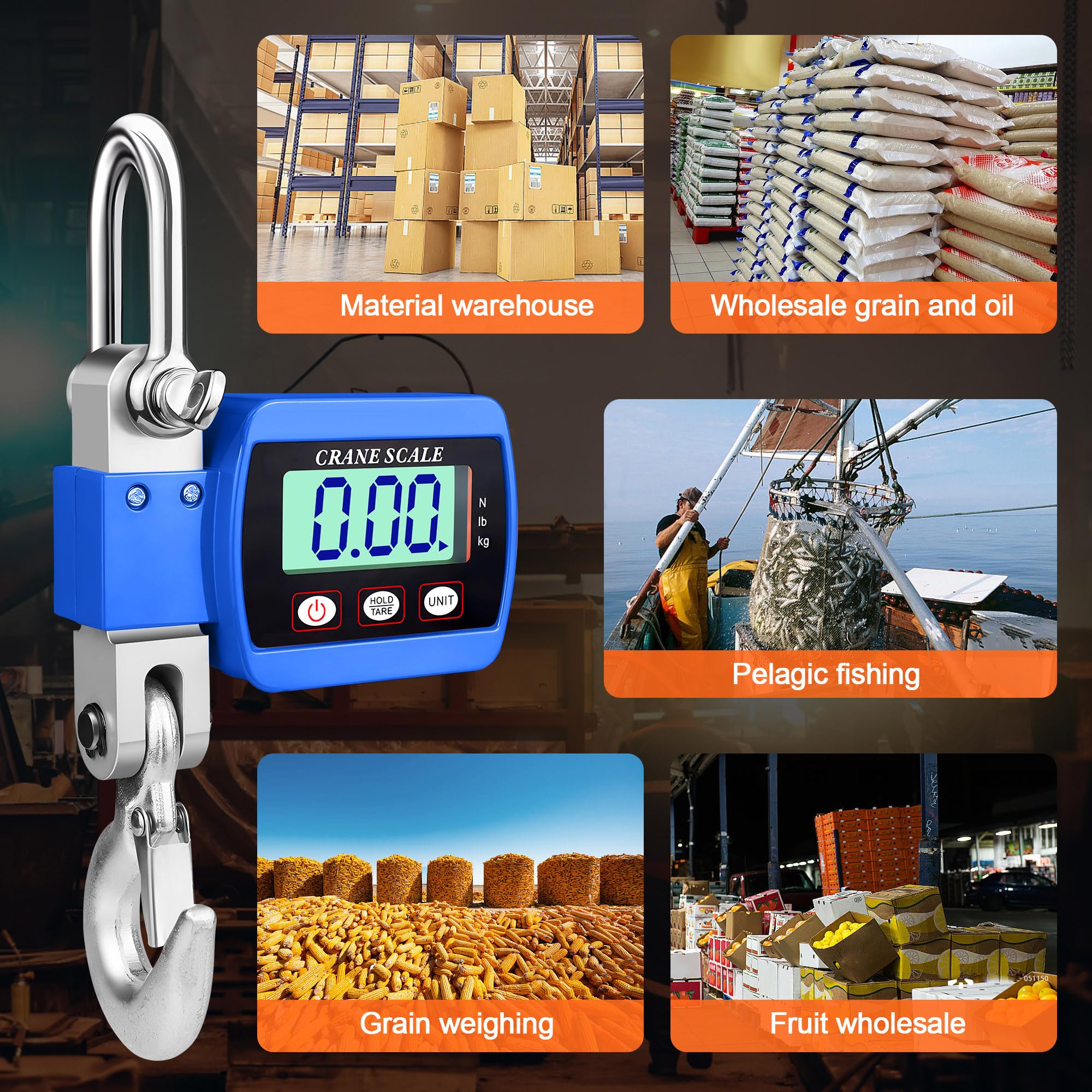 Báscula de grúa 500 kg, báscula colgante digital, báscula electrónica industrial, báscula colgante portátil, LCD, con gancho, azul